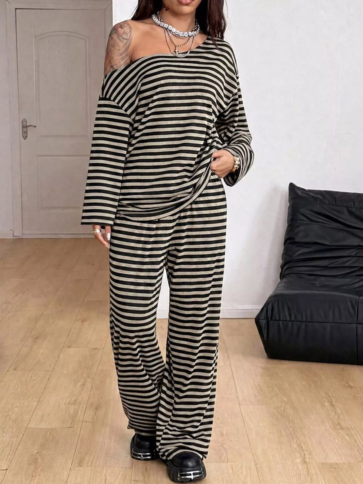 Off-Shoulder Striped Long Sleeve Top and Wide Leg Pants Set in striped fabric