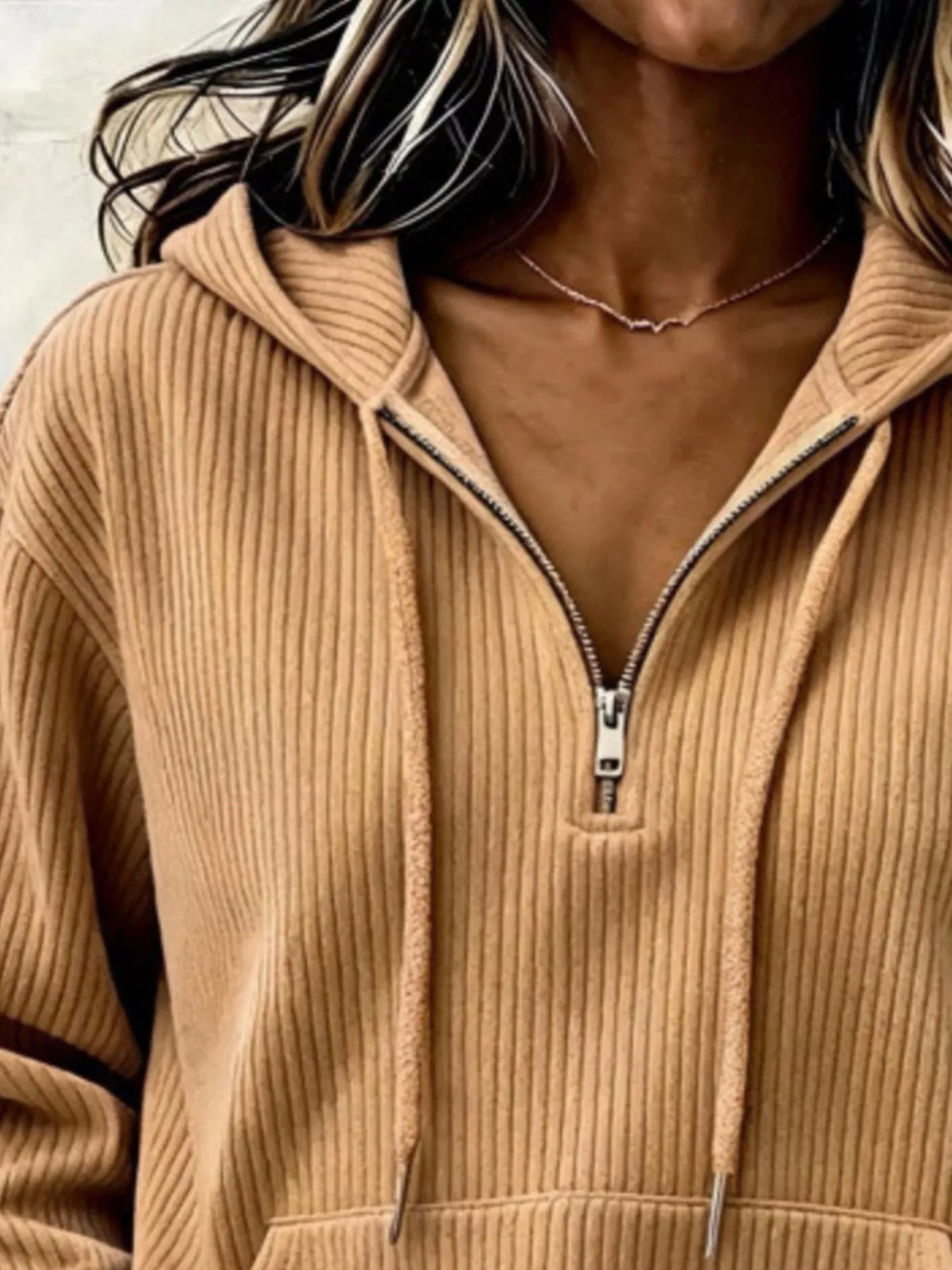 Ribbed Knit Quarter-Zip Hoodie, neckline detail