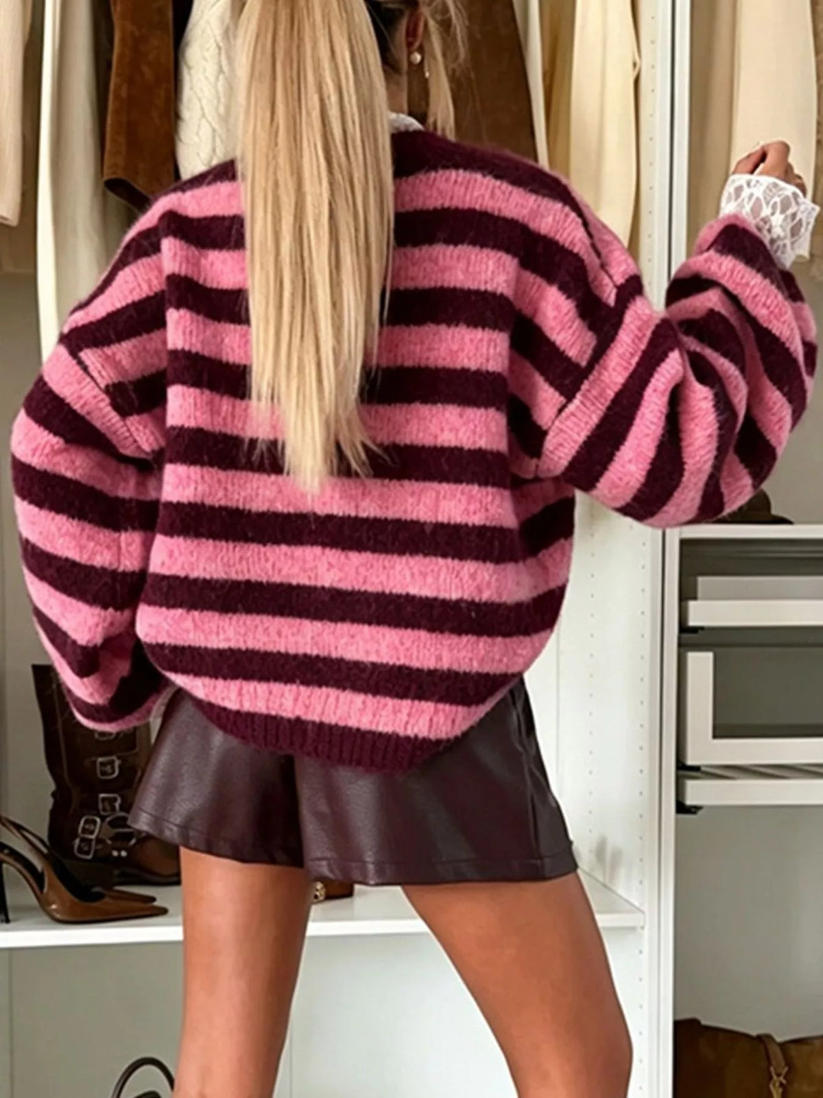 Pink and burgundy striped drop-shoulder sweater, back view