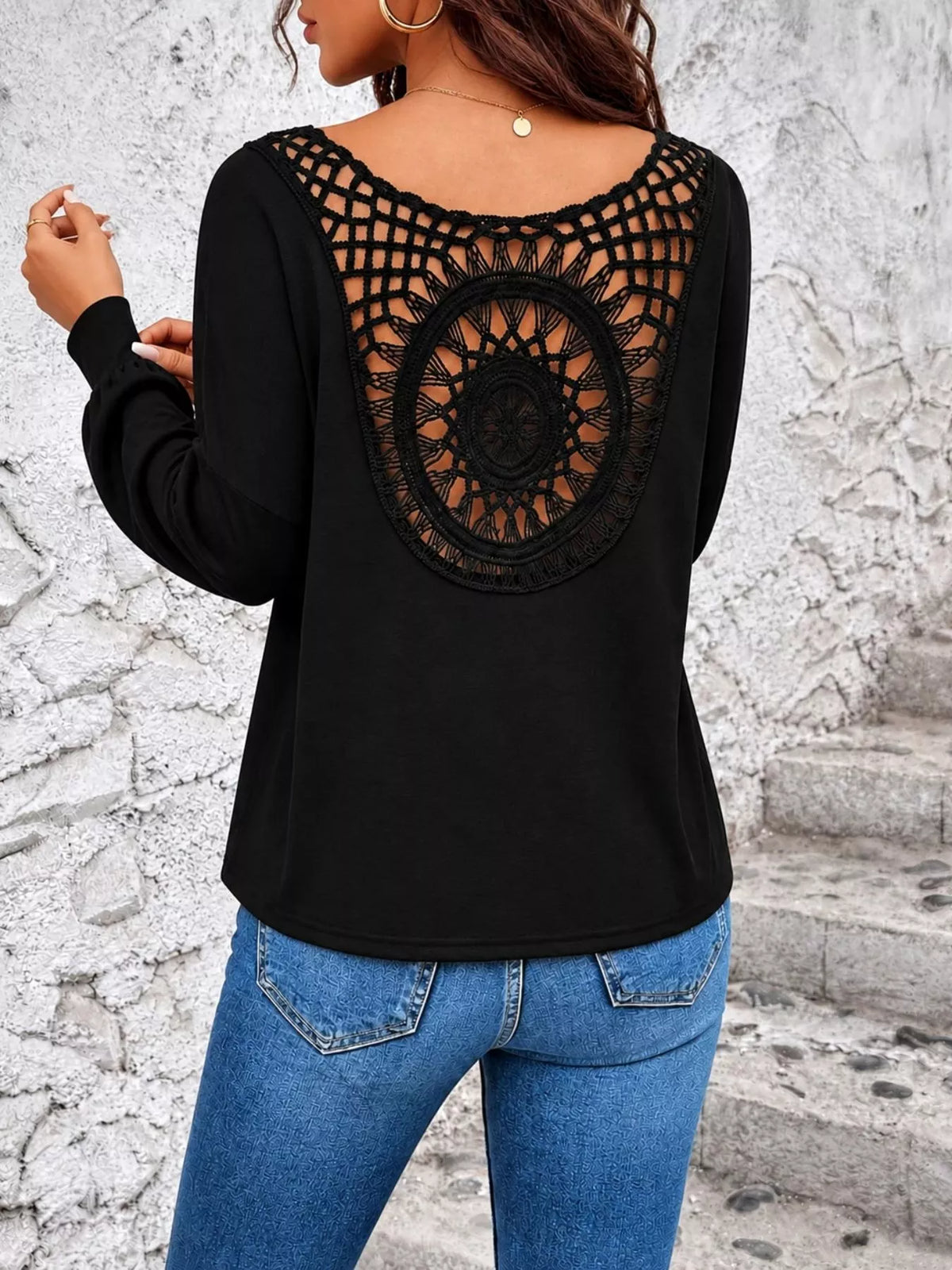 Crochet Back Detail Long Sleeve T-Shirt, back view in black