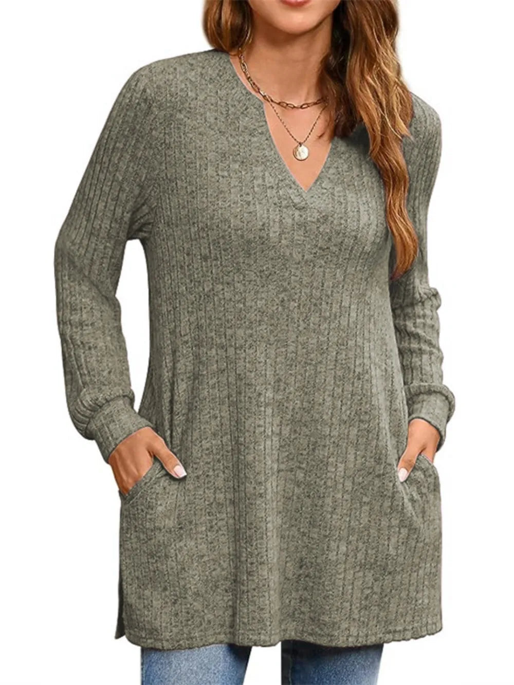 Trendsi Ribbed Notched Long Sleeve T-Shirt -