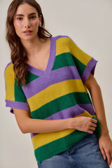 Trendsi SO ME Mardi Gras Loose Fit V Neck Stripe Sweater Top -