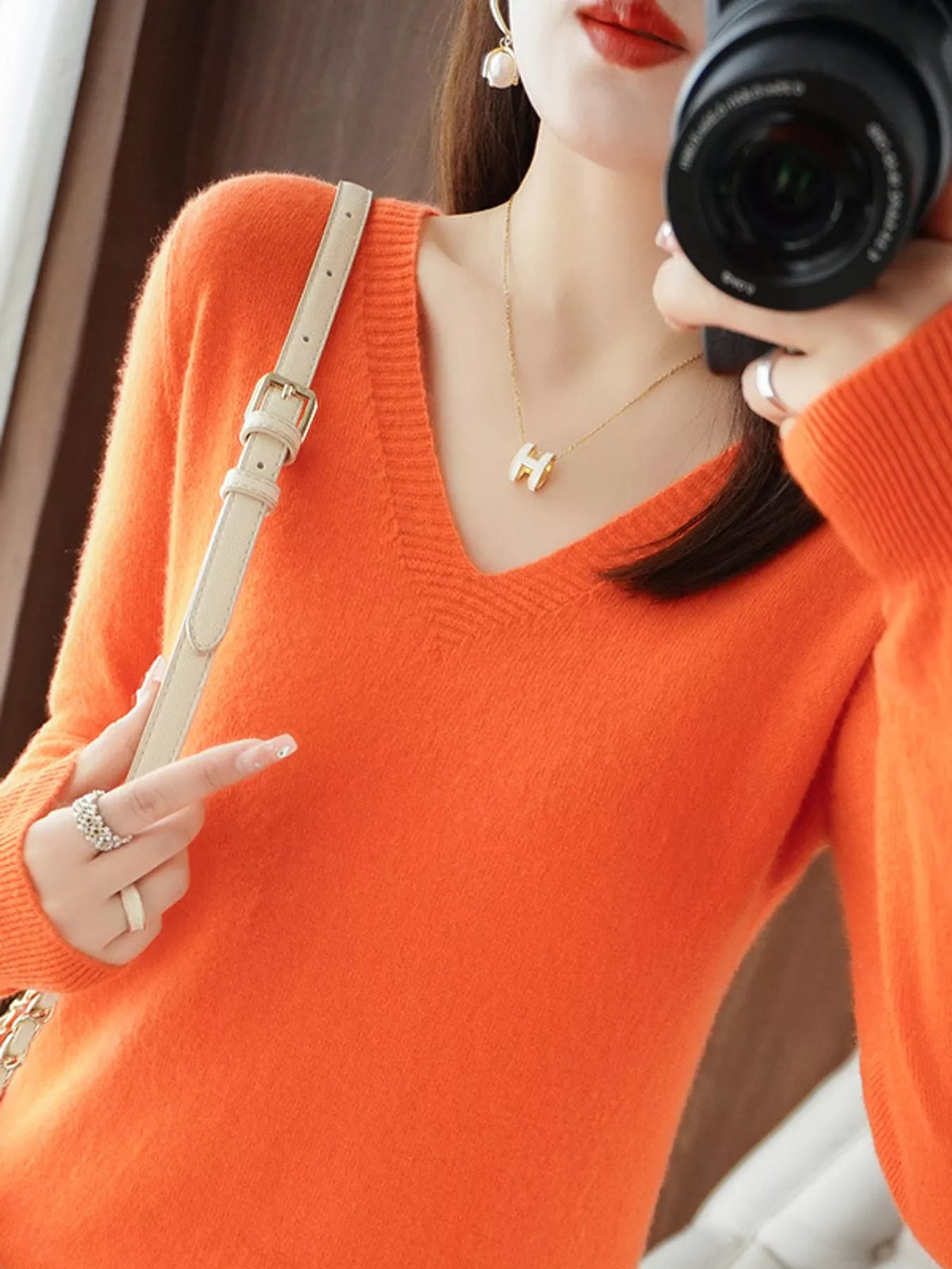 V-Neck Knit Sweater, detail view in hermès orange