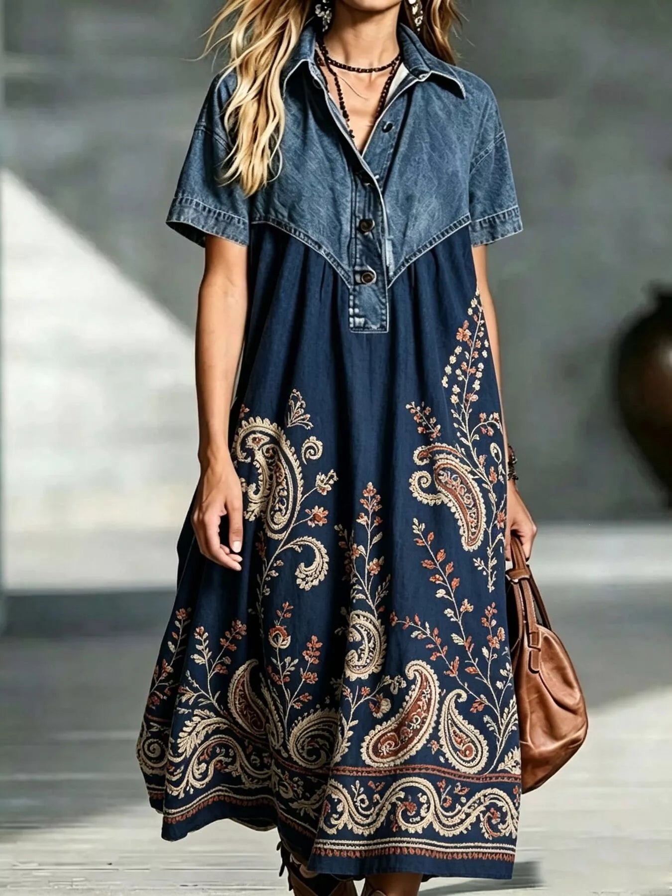 Trendsi Full Size Denim Patchwork Printed Shirt Dress Plus Size -