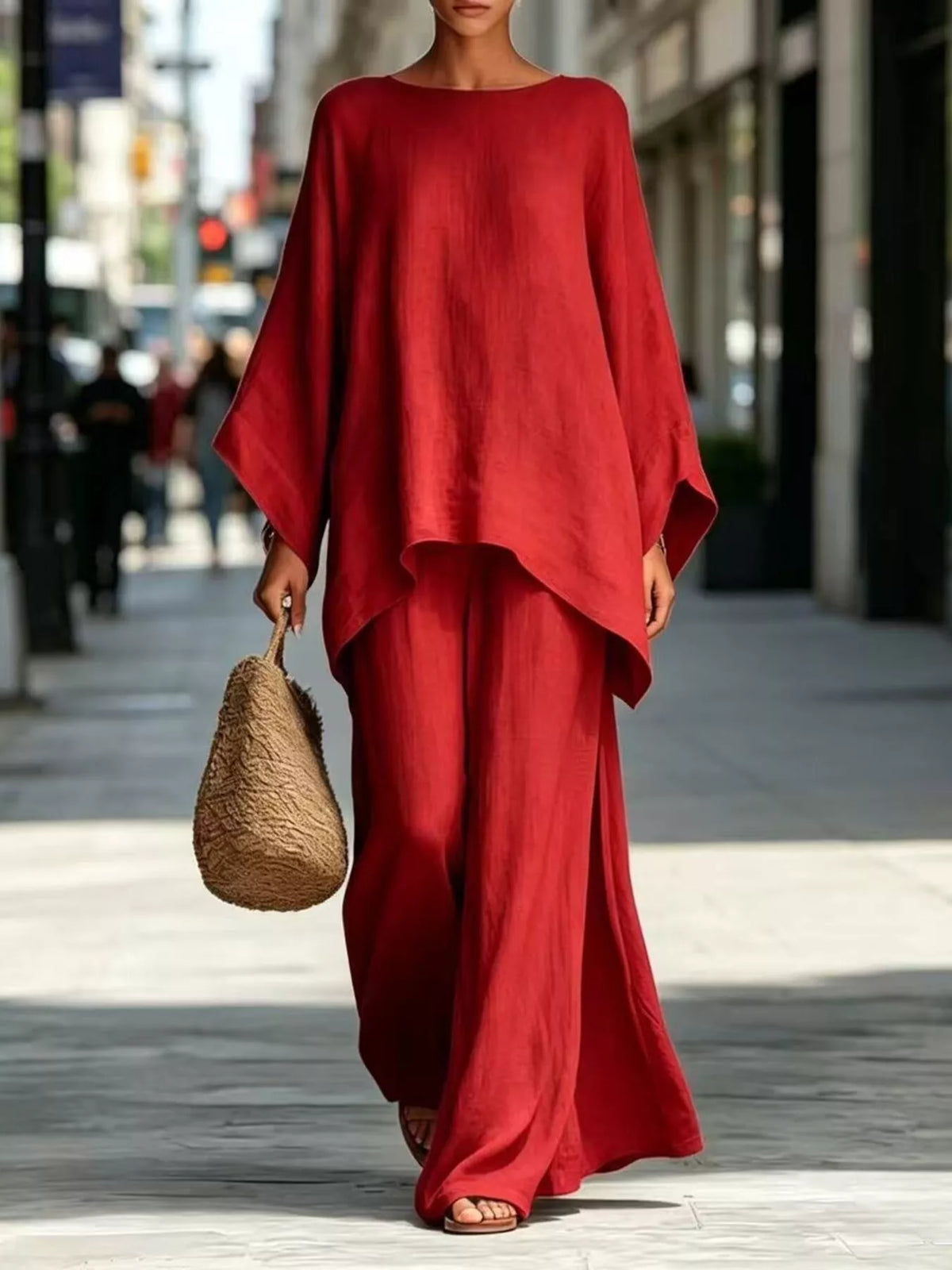 Red batwing top and wide-leg pants set, front view