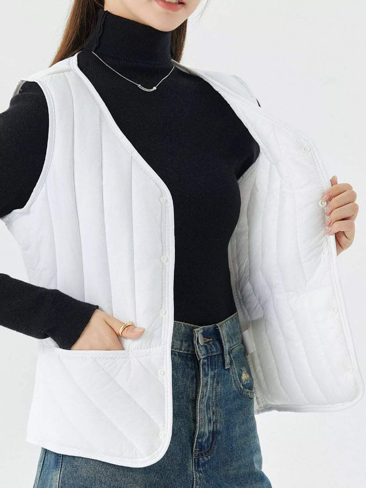 Quilted Button Up Vest in white, front view