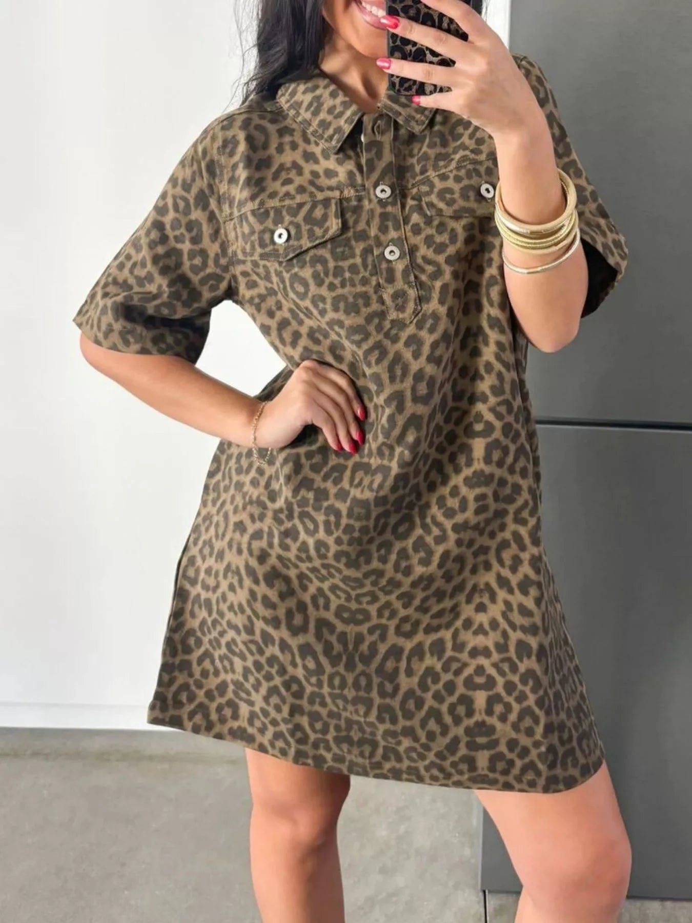 Trendsi Leopard Print Short Sleeve Denim Dress -