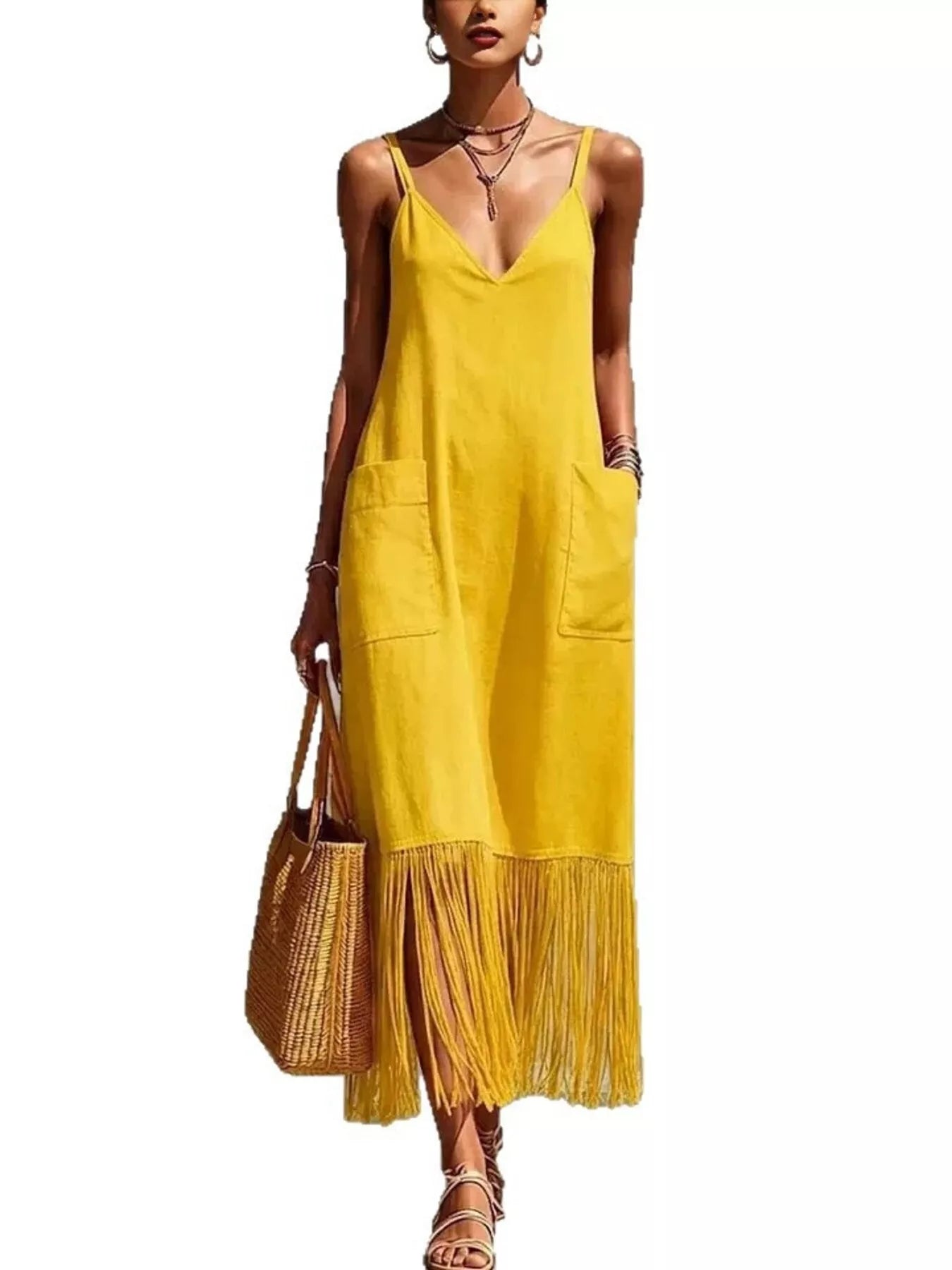 Trendsi Full Size Fringe Spaghetti Strap V-Neck Dress Plus Size -