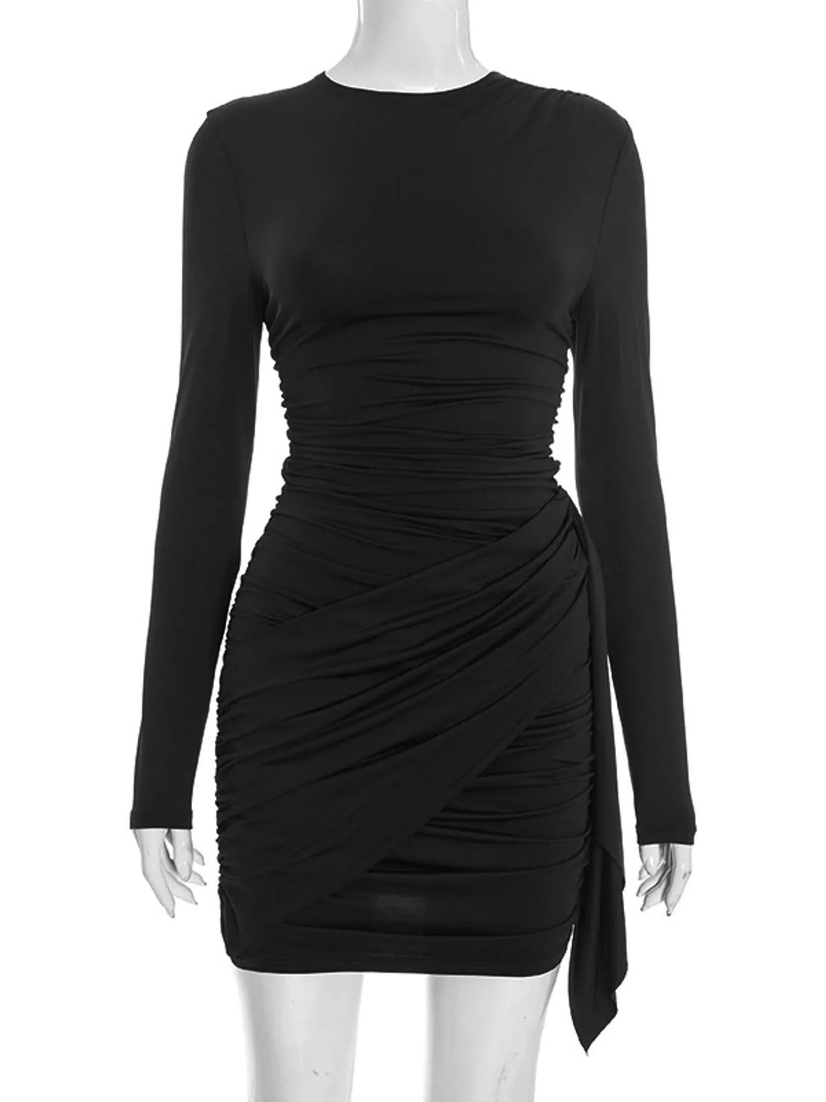Black long sleeve ruched bodycon mini dress, front view