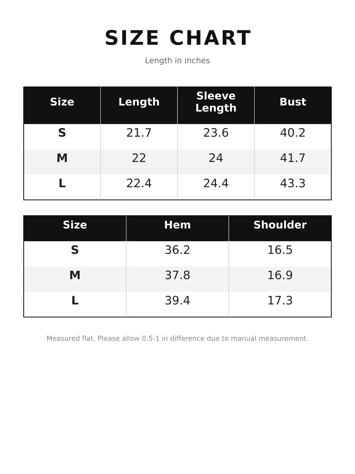 Sherpa Collar Zip-Up Denim Jacket — size and measurement chart