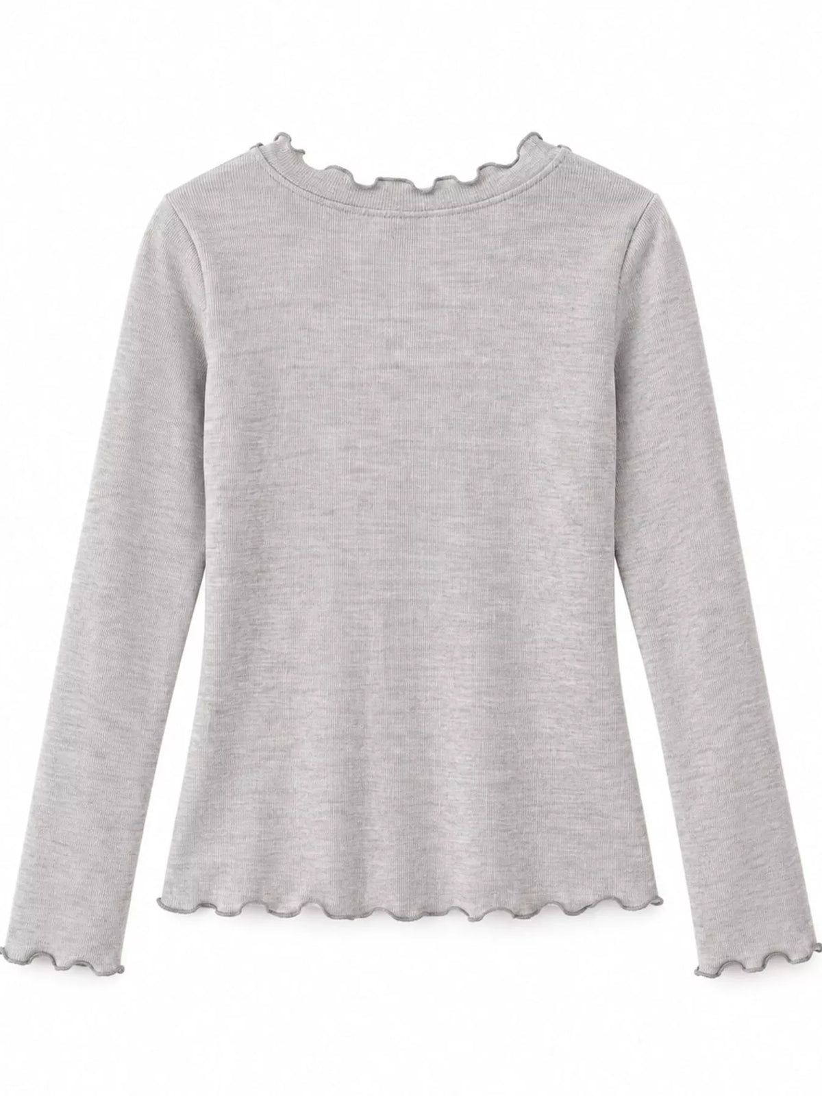 Long Sleeve Lettuce Edge Crew Neck T-Shirt, back view in light gray