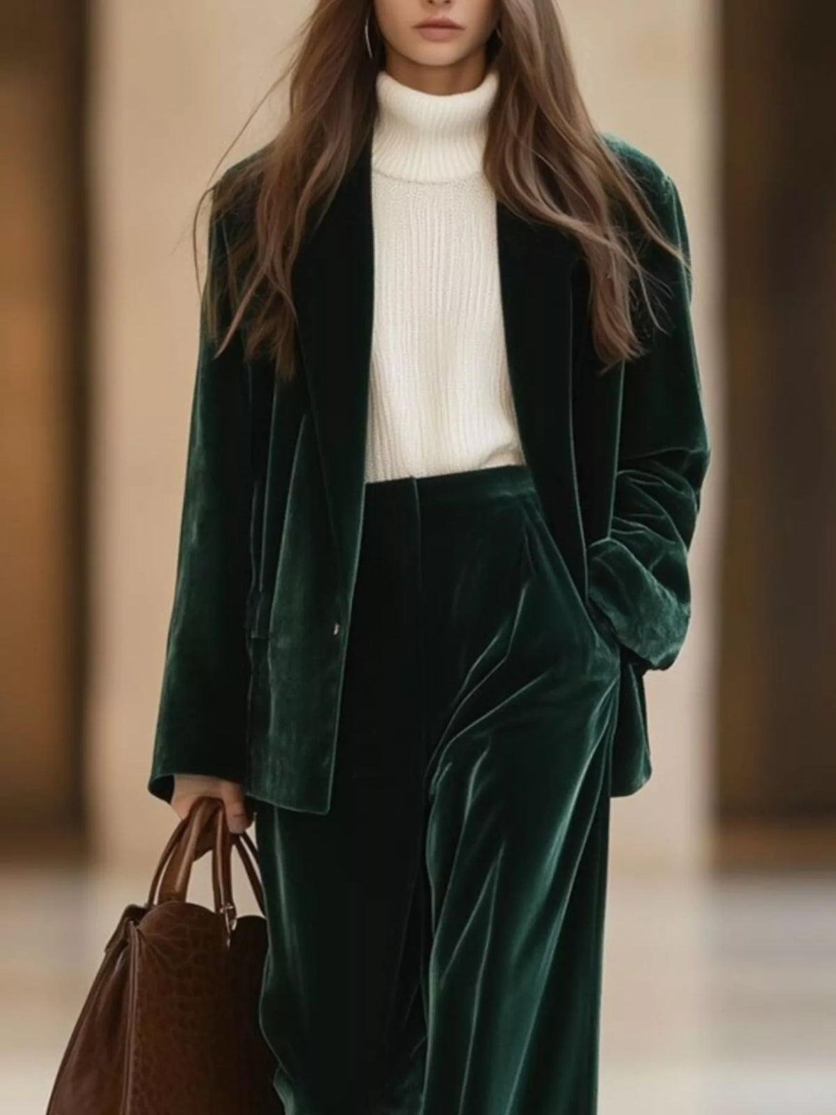 Green velvet blazer and wide-leg pants set, blazer and waist detail