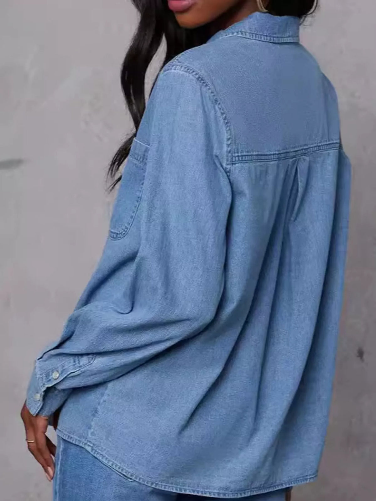 Snap Down Denim Shirt in denim blue, back view