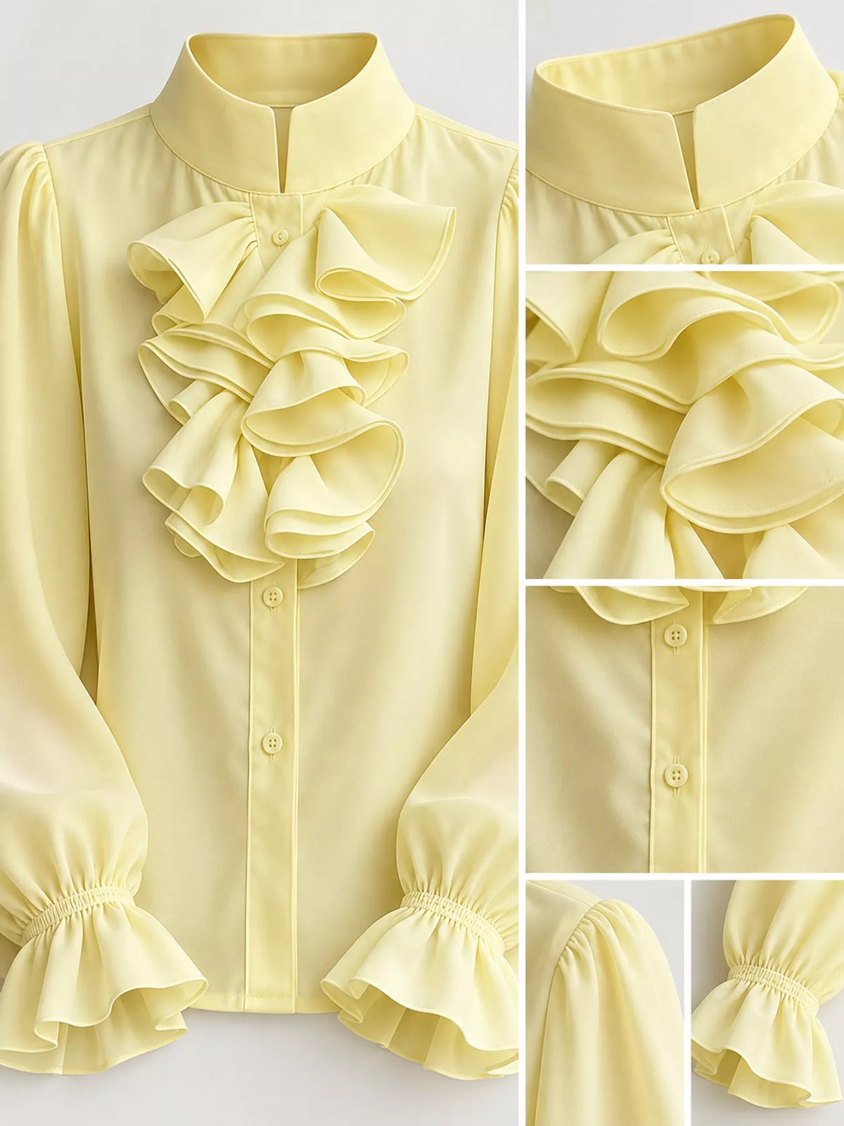 Ruffled Stand-Collar Blouse with Long Lantern Sleeves, collar cuff and placket details