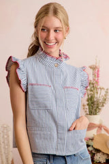 Trendsi SO ME Stripe Twill Stitch Ruffled Hidden Button Vest Top -