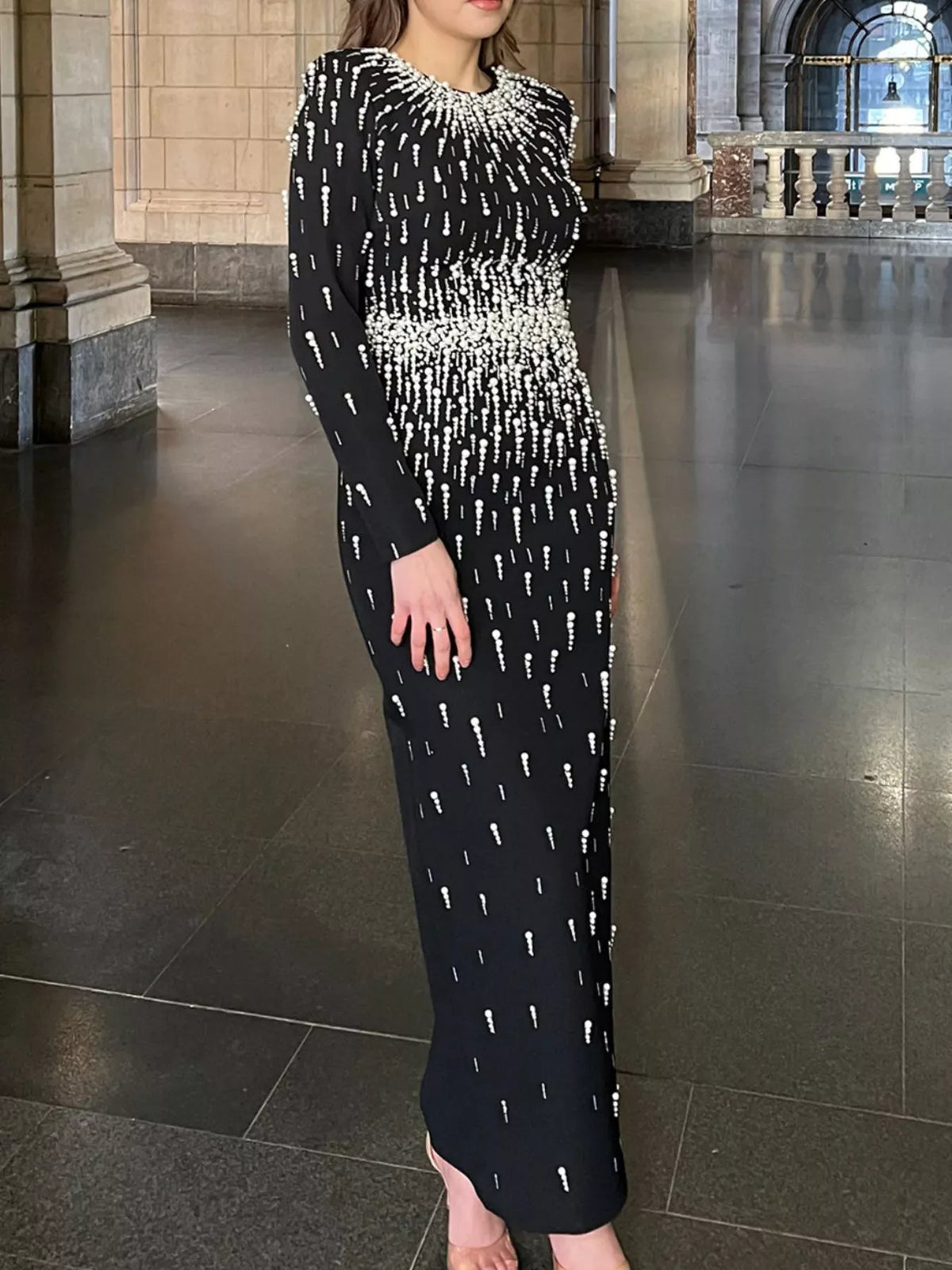 Trendsi Pearl Detail Long Sleeve Maxi Dress -