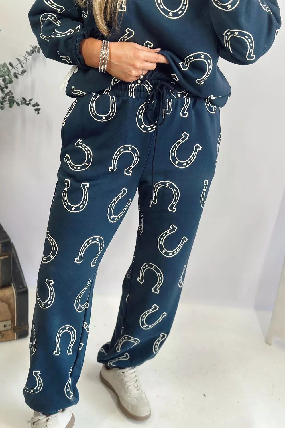 Trendsi Lucky Horseshoe Print Sweatshirt and Pants Set -