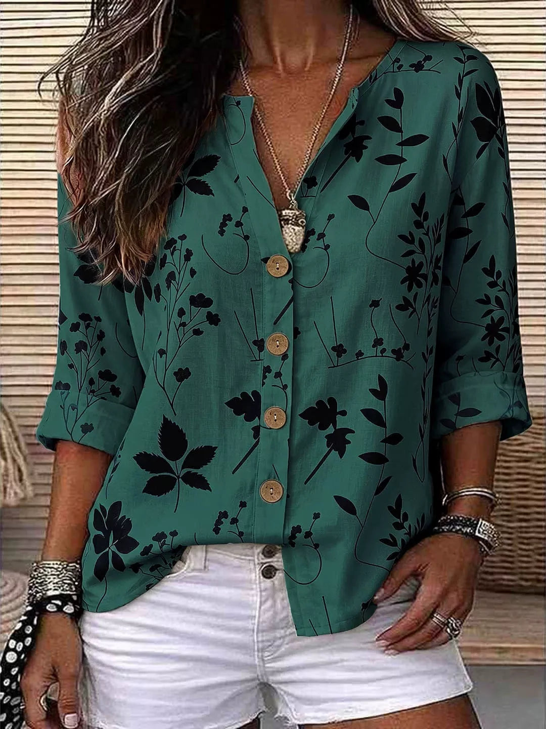Notched-neck shirt, green black-floral front