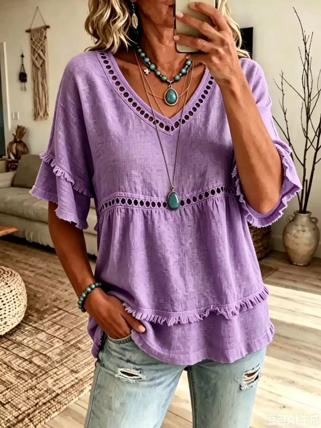 Trendsi Eyelet V-Neck Frayed Edge T-Shirt -