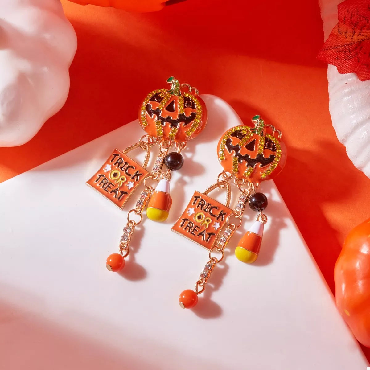 Trendsi Halloween Rhinestone Pumpkin Drop Earrings -