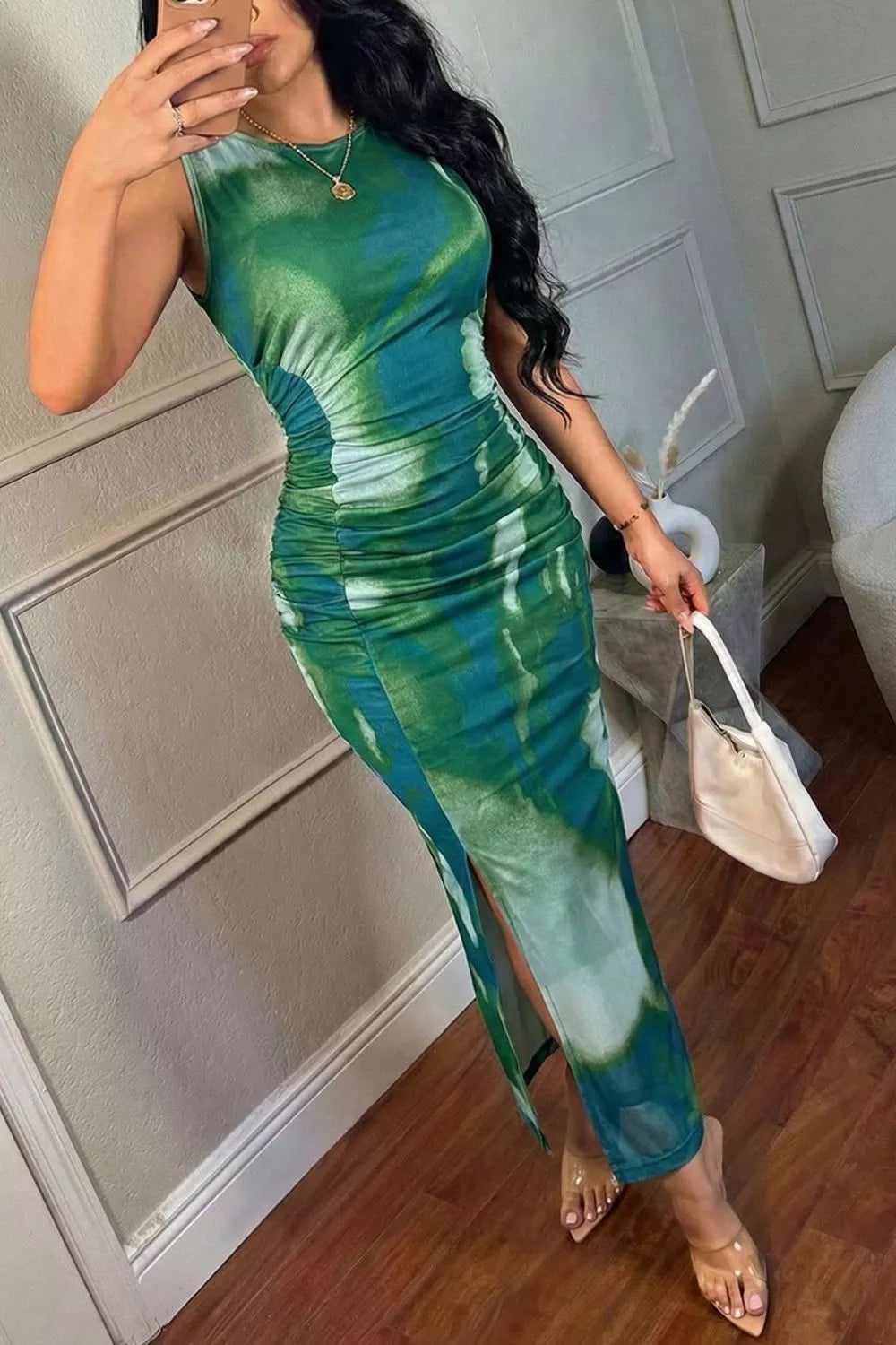 Trendsi Sleeveless Ruched Tie-Dye Maxi Dress -