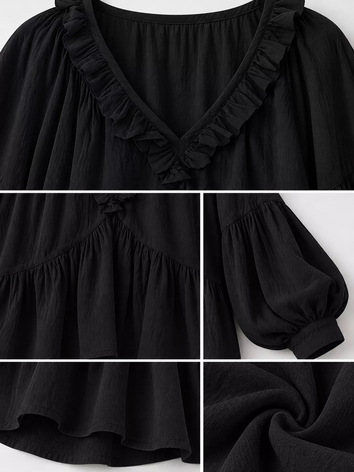 Black ruffled v neck blouse, detail view