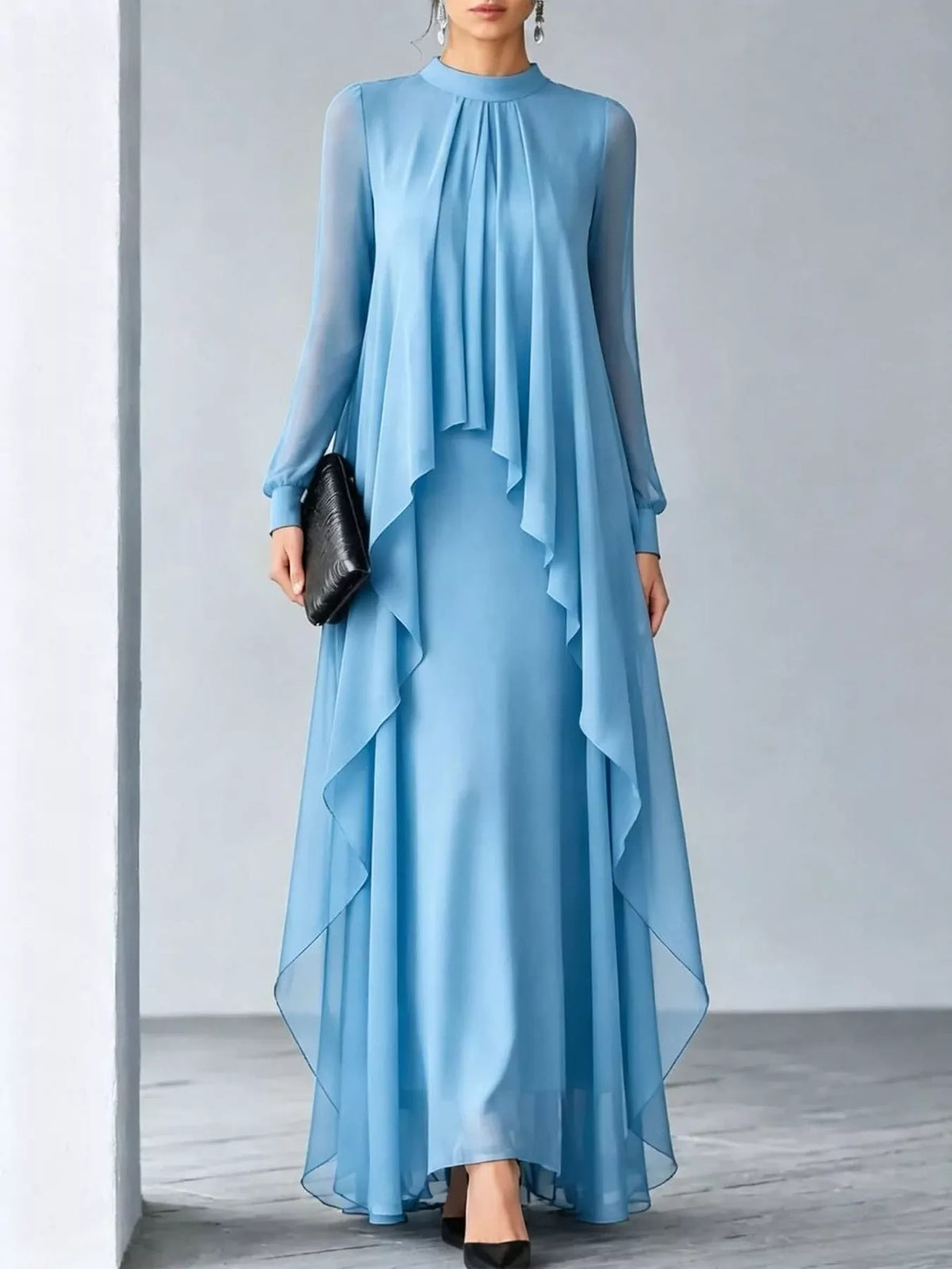 Sheer Sleeve Chiffon Layered Maxi Dress in light blue