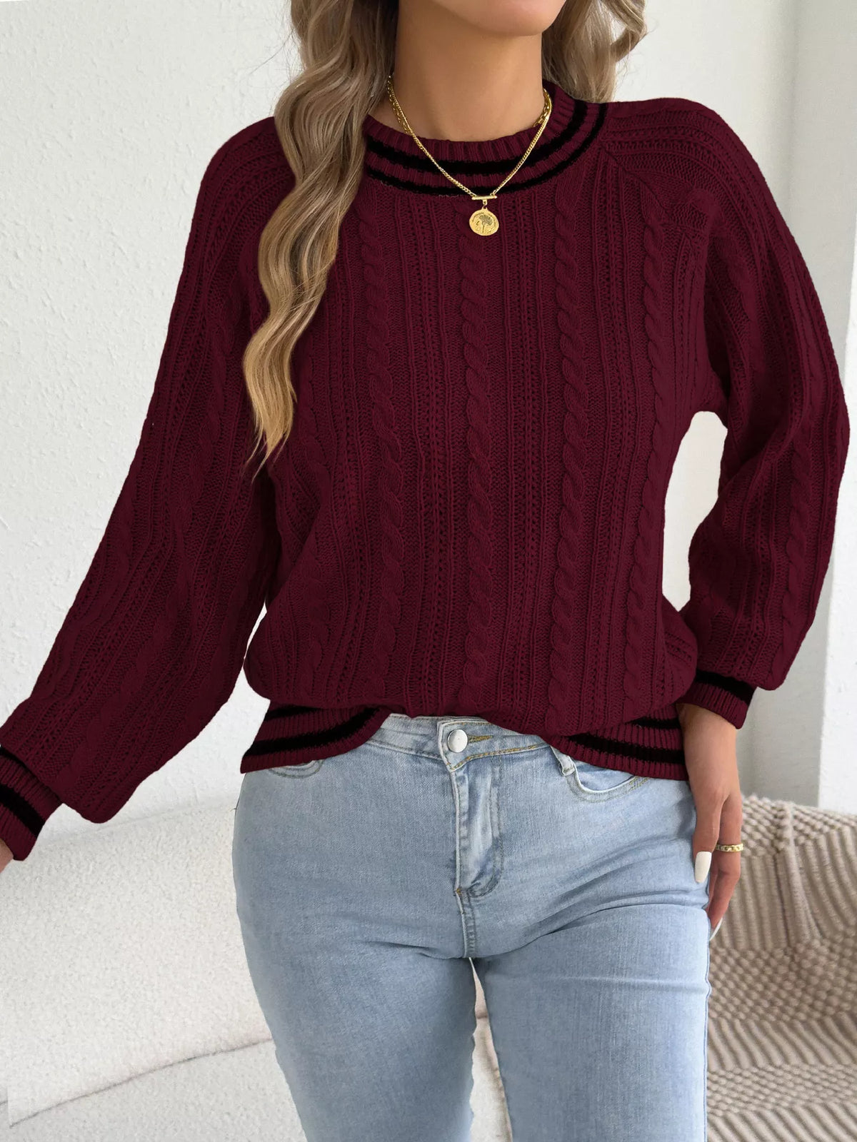White striped trim cable knit sweater