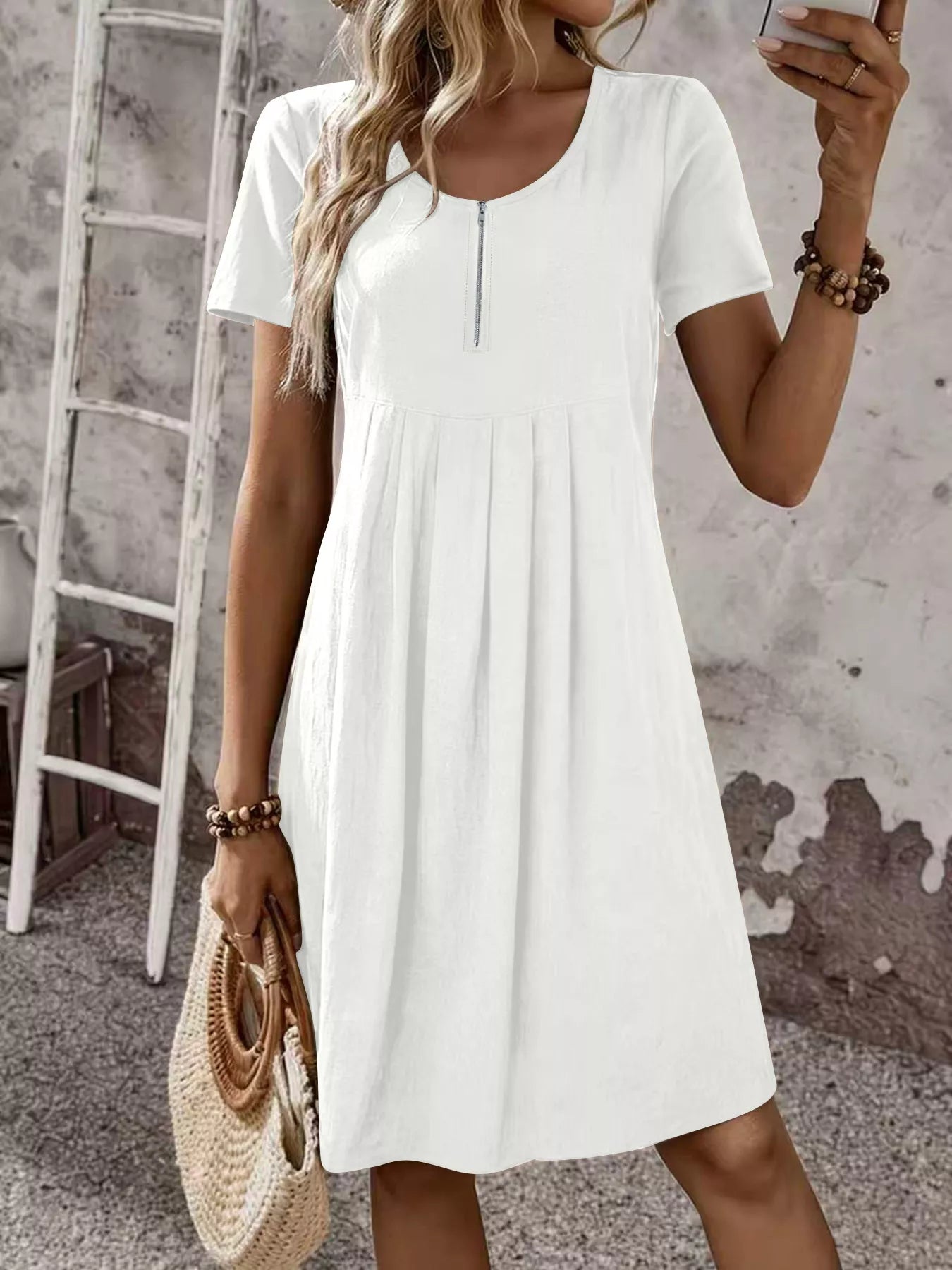 Trendsi Zipper-Front Short Sleeve A-Line Dress -
