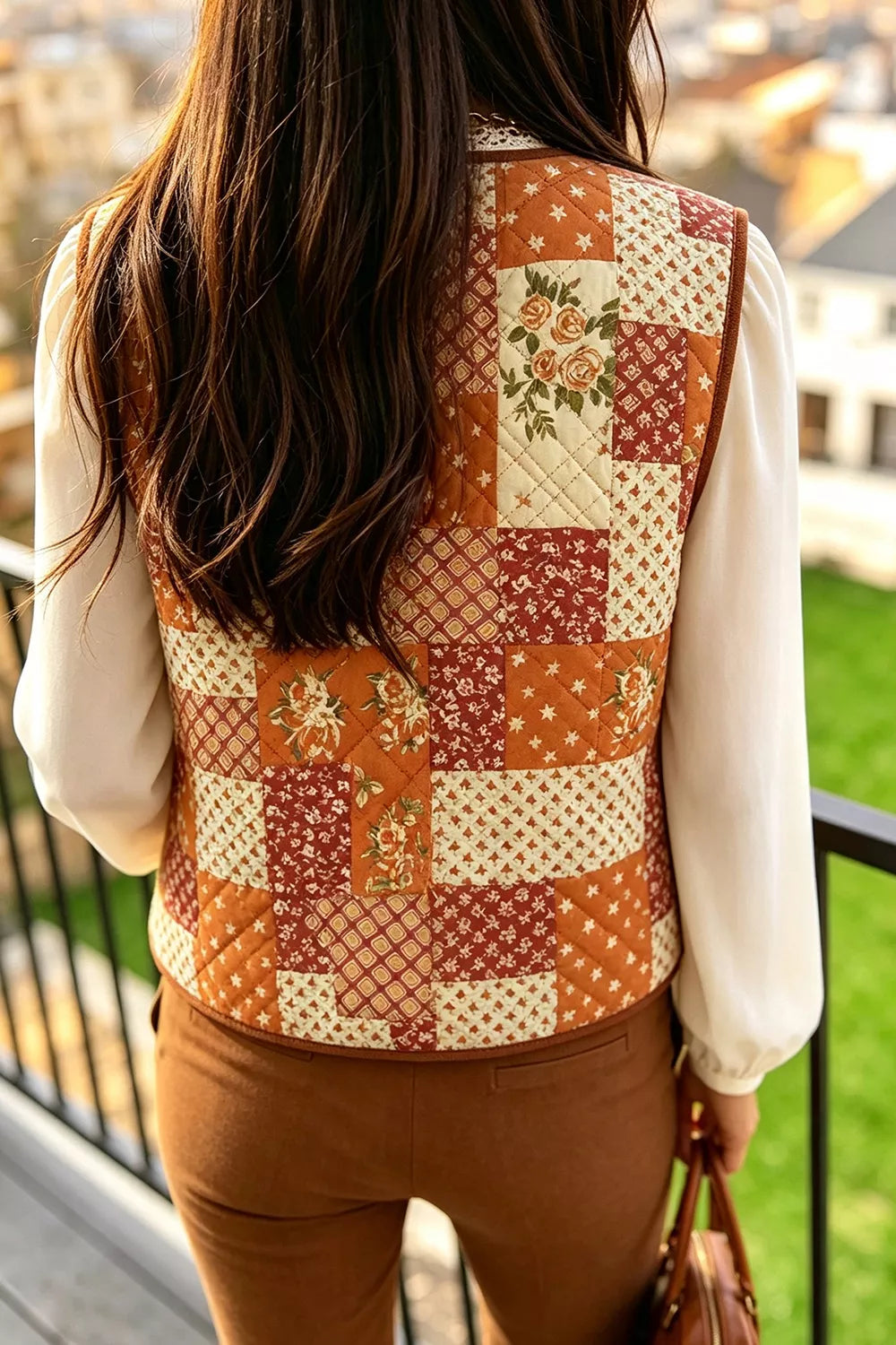 Quilted Floral Patchwork Button-Front Vest in orange, back view