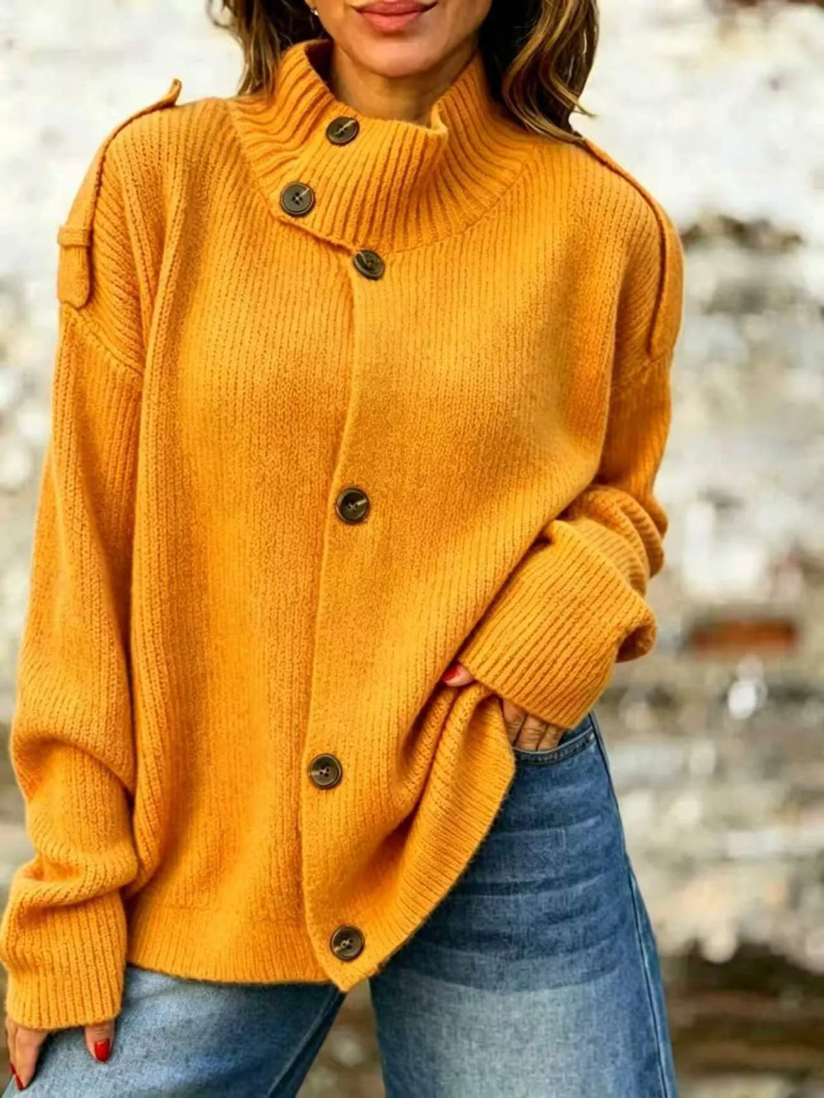 Button-Up Mock Neck Cardigan in mustard, front view
