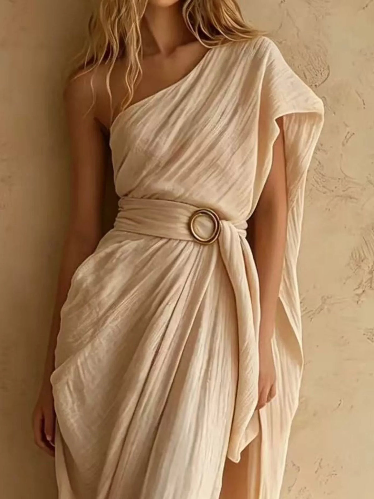 Cream one-shoulder draped maxi dress, draped neckline and buckle detail