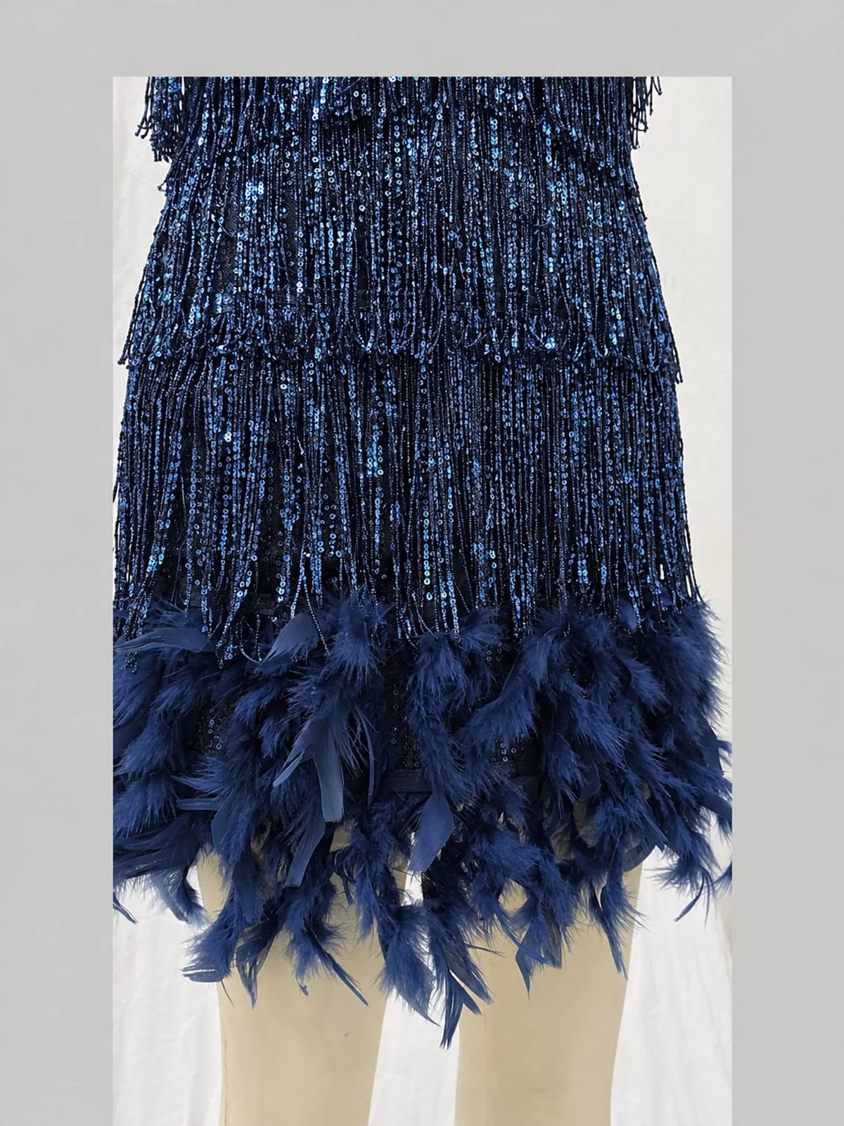 Navy feather fringe sequin mini dress, detail view