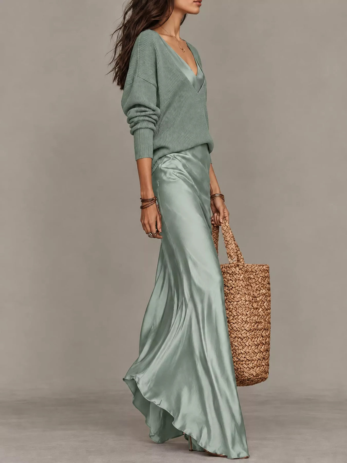 Satin Maxi Dress Two-Piece Set — side view