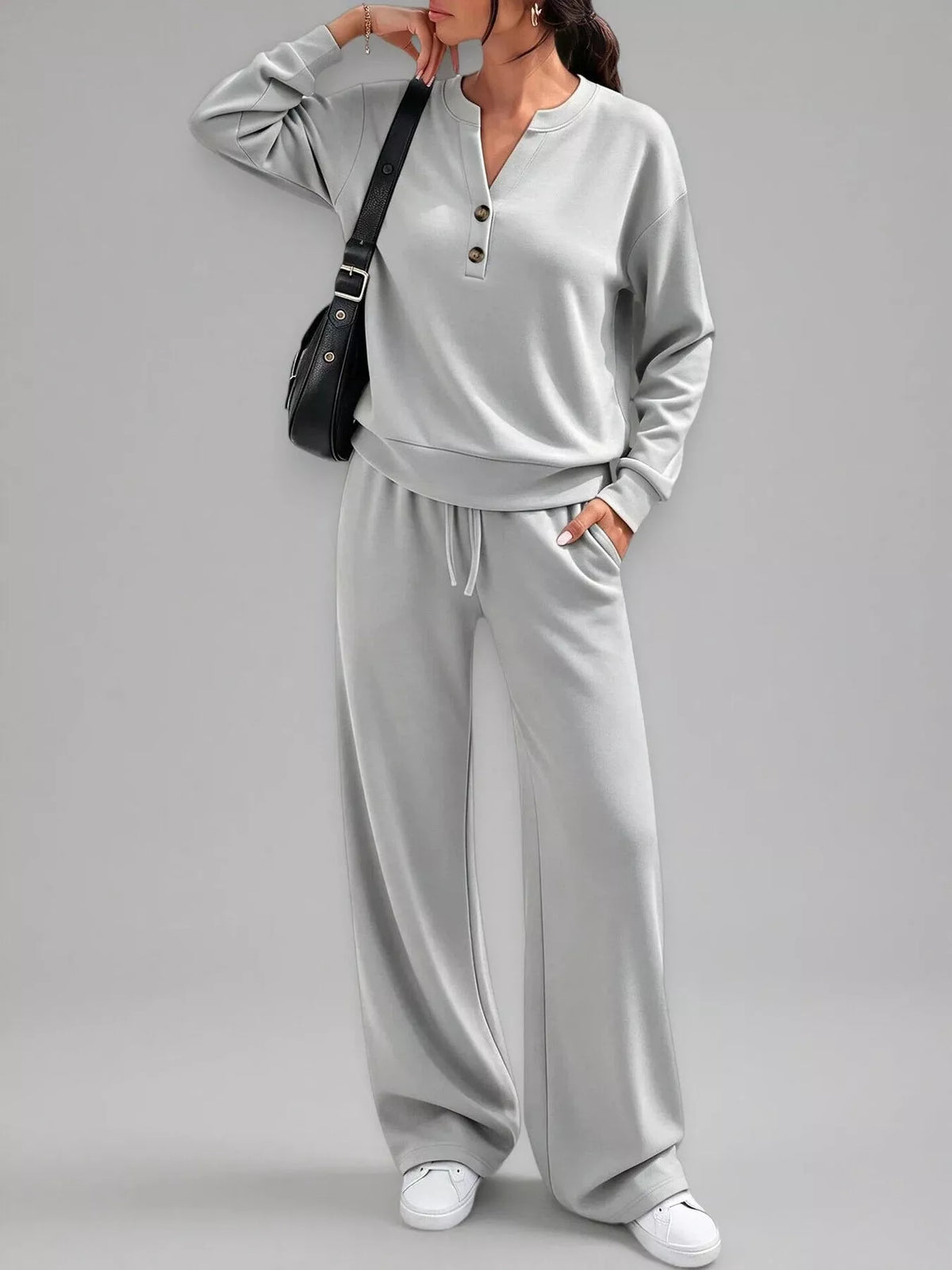 Button-detail dropped-shoulder top and pants set