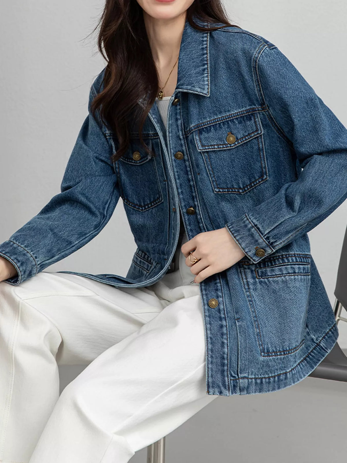 Blue button up long sleeve denim jacket
