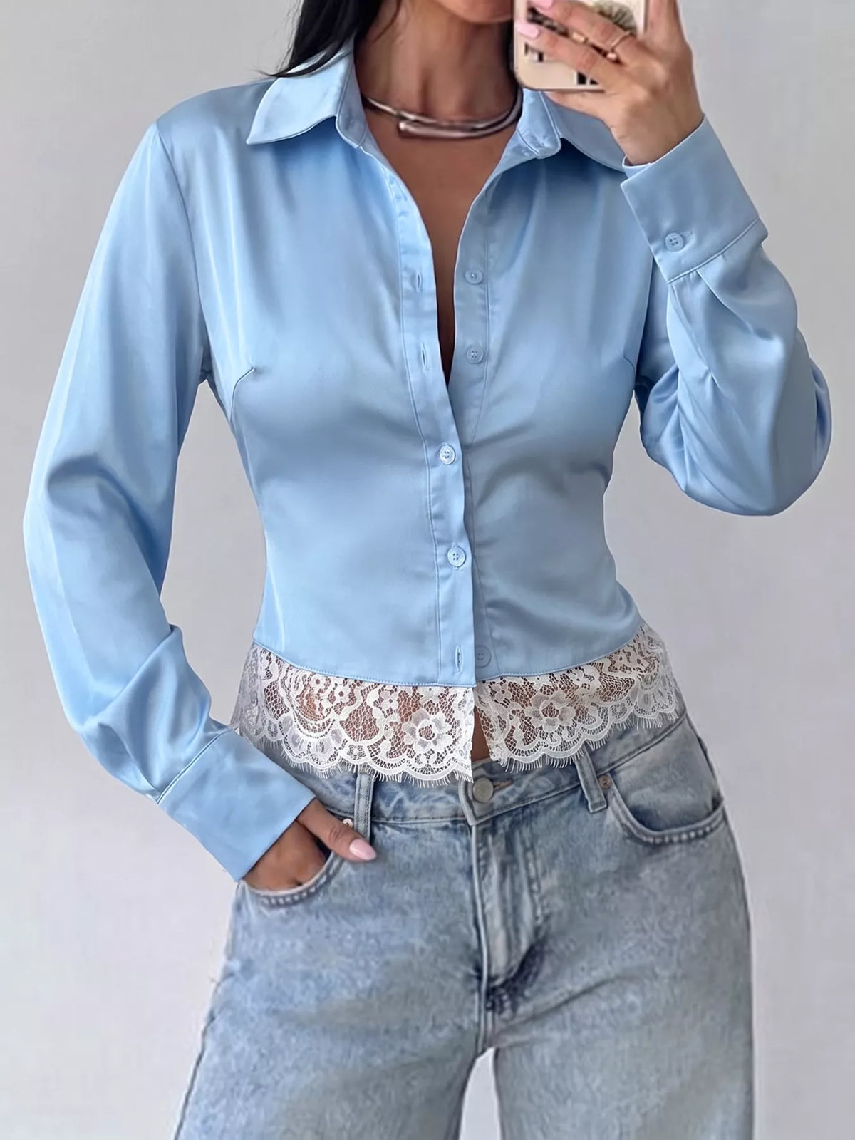 Light blue lace-hem button-up shirt