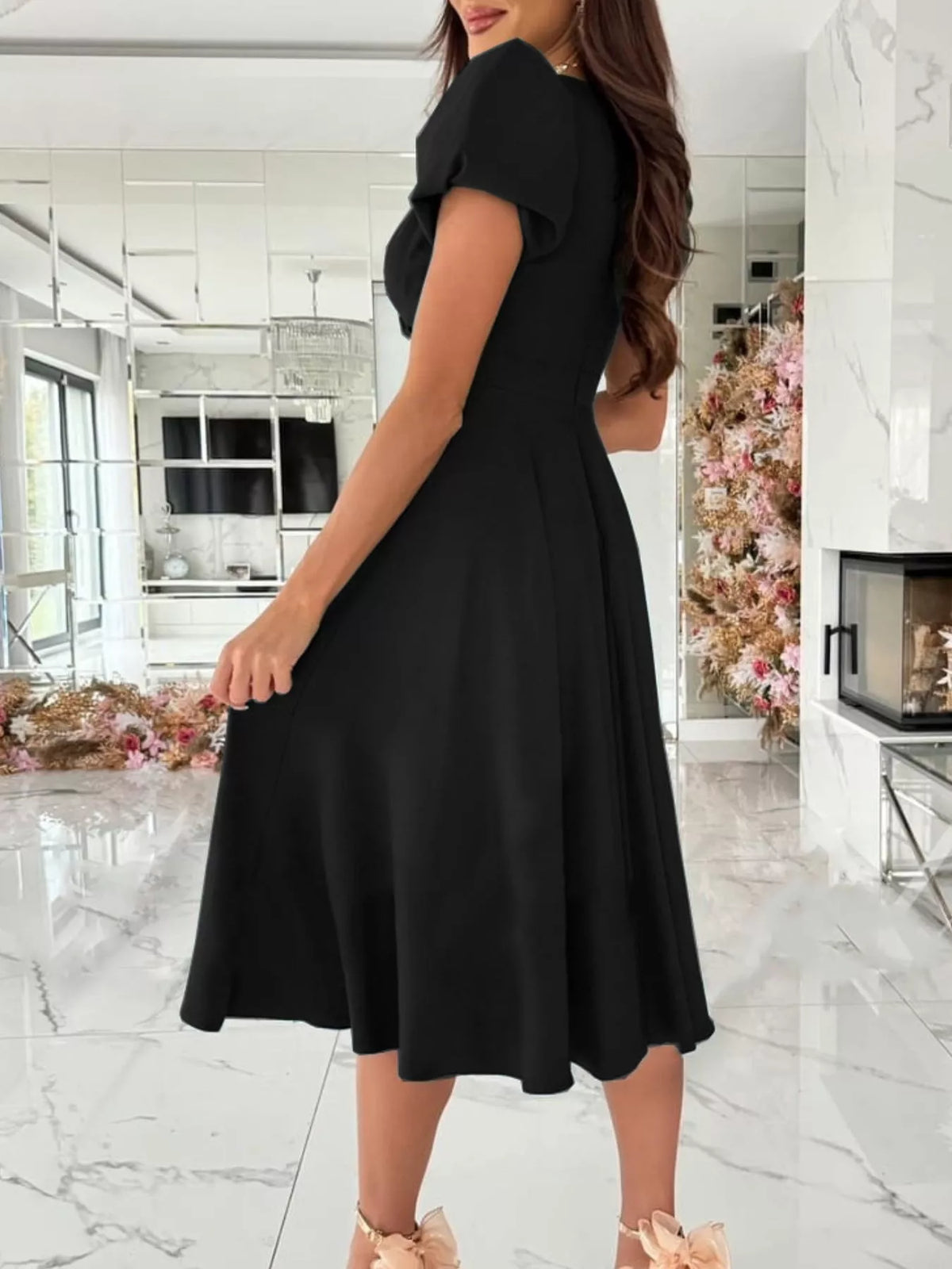 Trendsi Surplice Puff Sleeve Midi Dress -