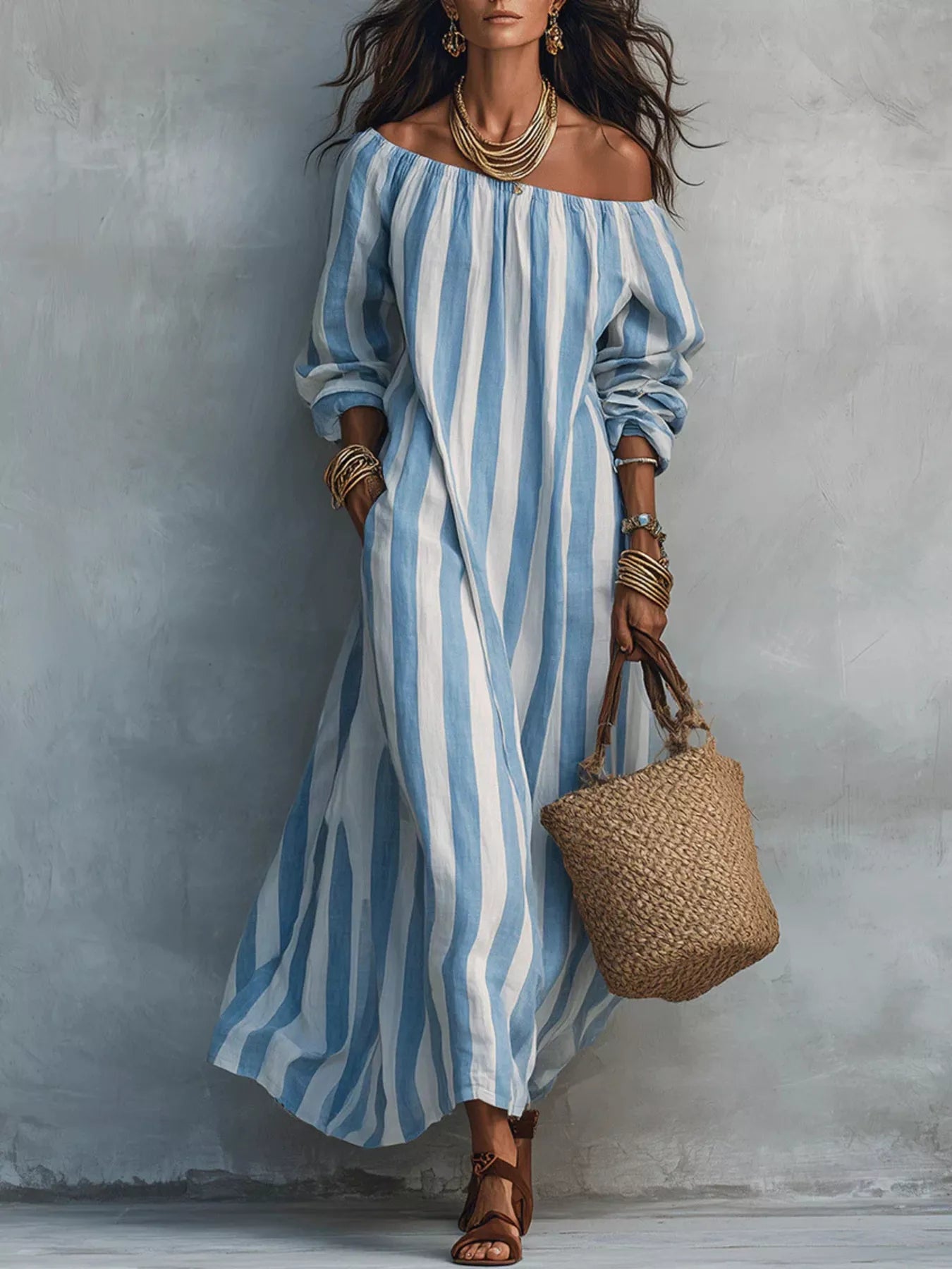Trendsi Off-Shoulder Striped Dress with Pockets -