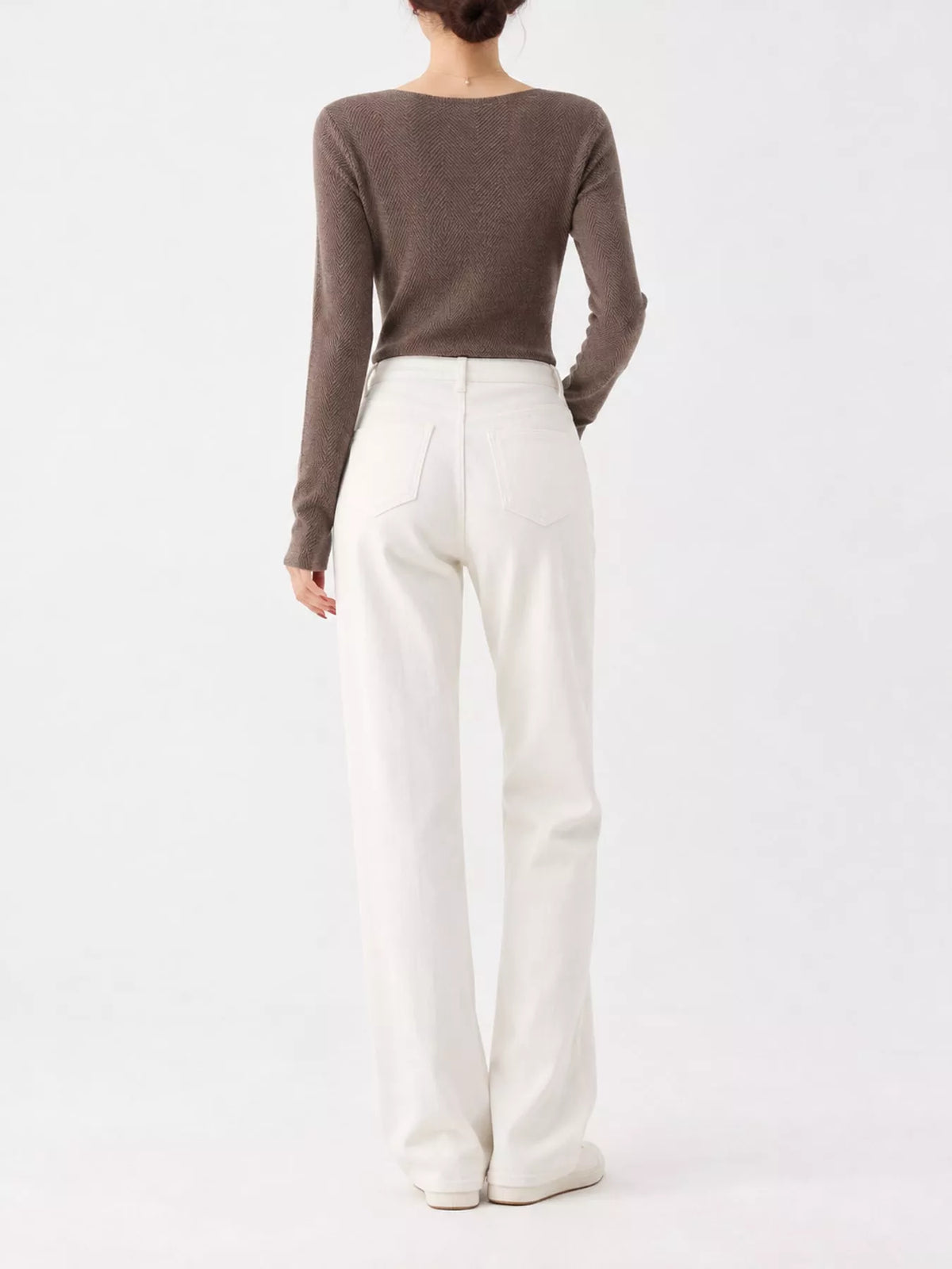 Brown herringbone knit sweater, back view