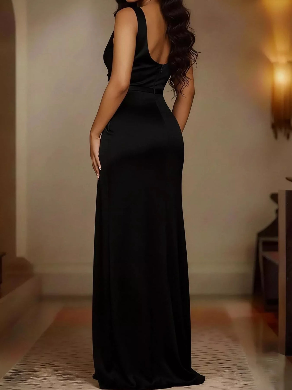 Black satin cowl neck high slit maxi dress, back view