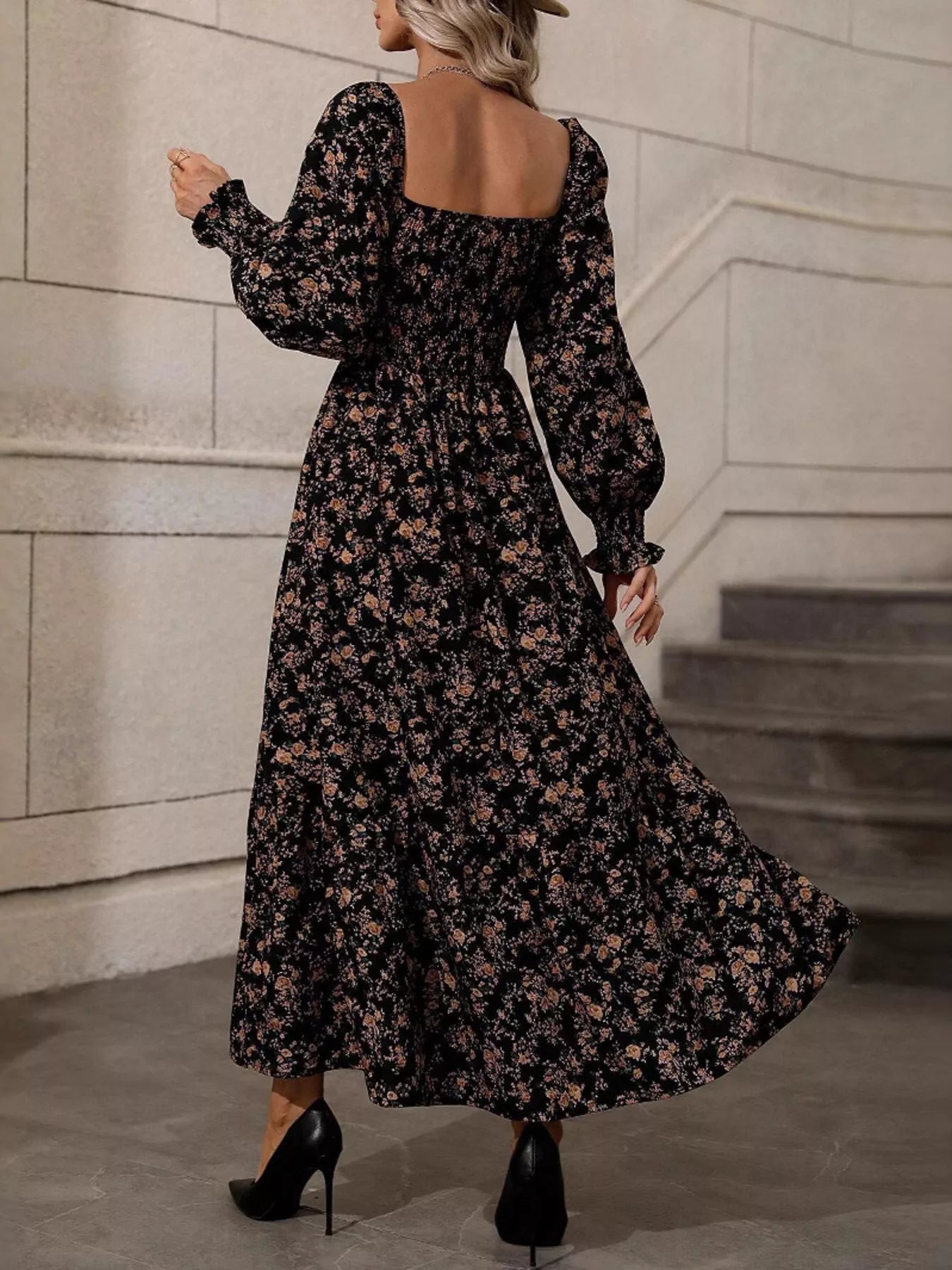 Trendsi Floral Print Square Neck Smocked Midi Dress -