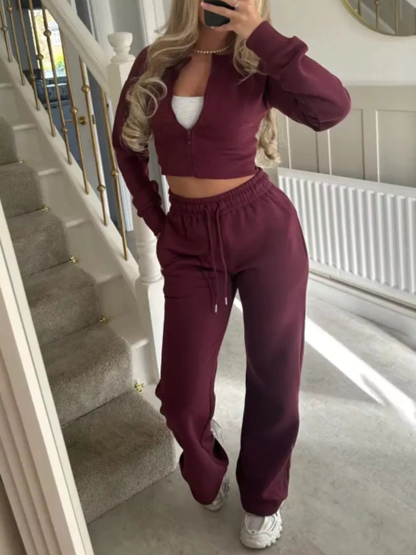 Trendsi Zip-Up Crop Hoodie and High-Waisted Pants Set -