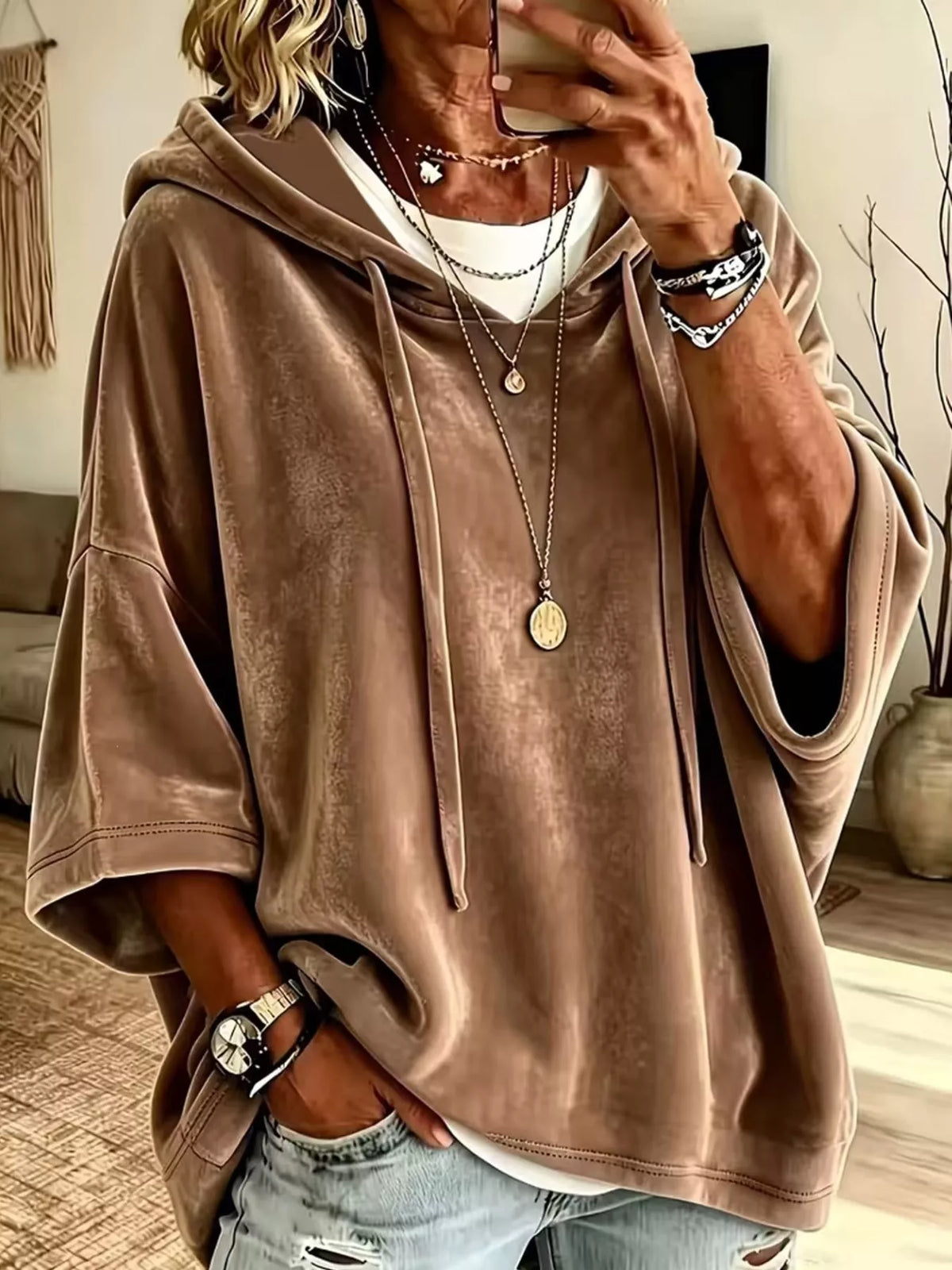 Brown velvet half sleeve hoodie with drawstring