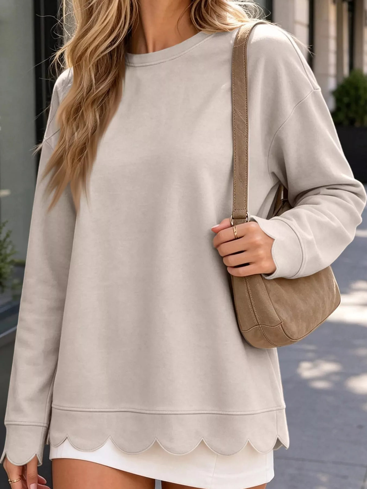 Gray Apricot scalloped hem crewneck sweatshirt
