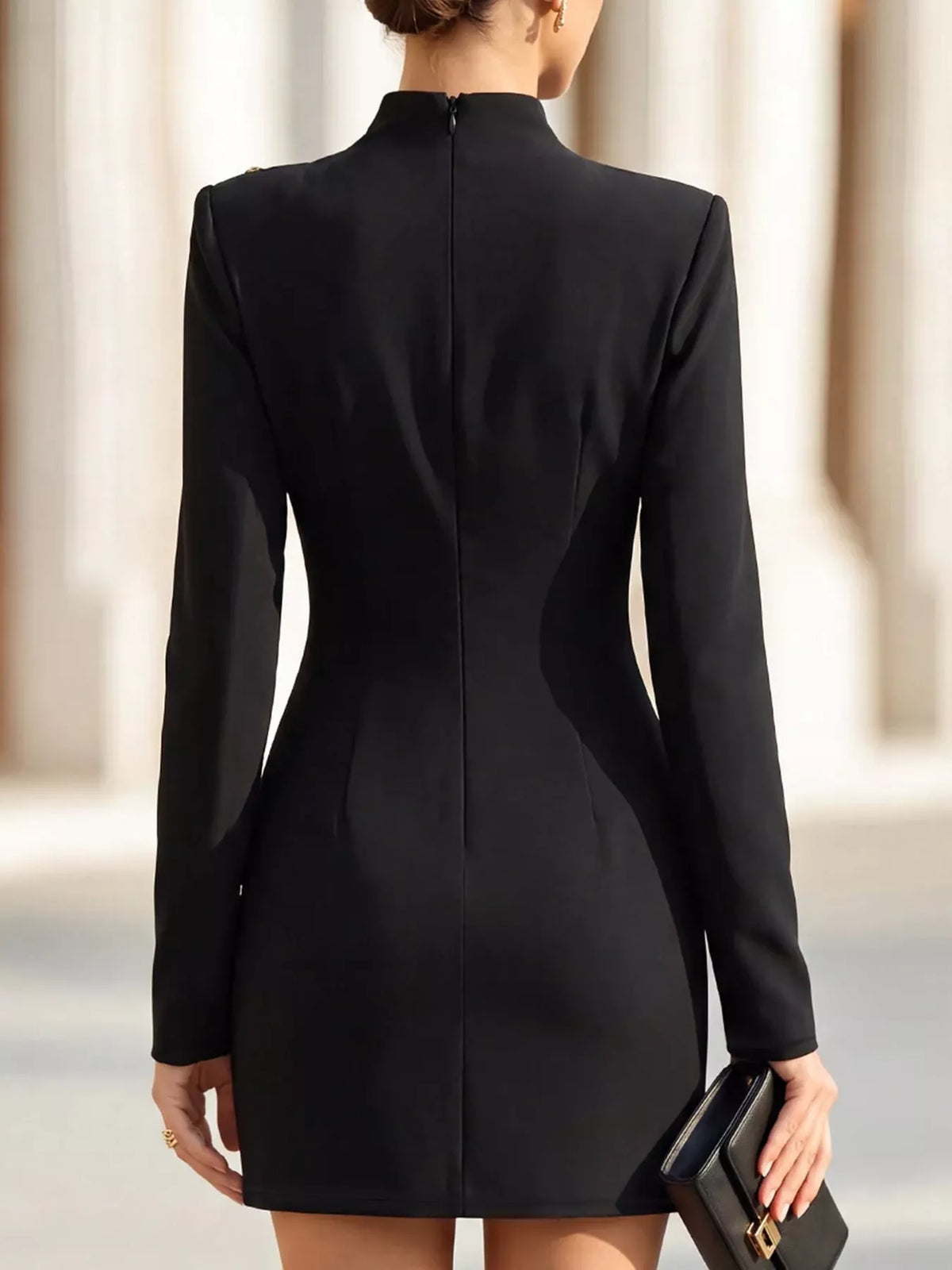 Black decorative button mock neck mini dress, back view
