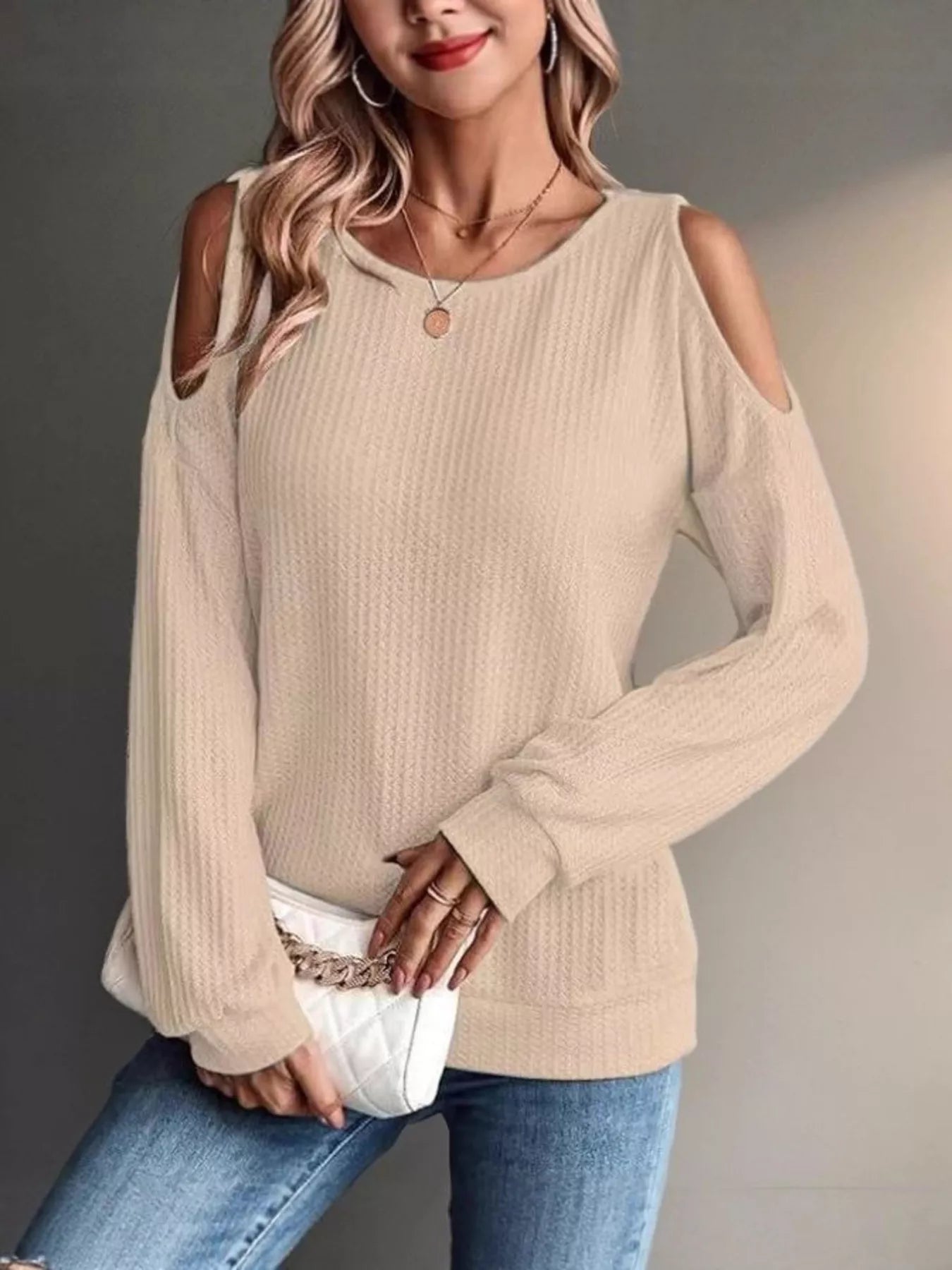 Trendsi Solid Color Cold Shoulder Long Sleeve T-Shirt -