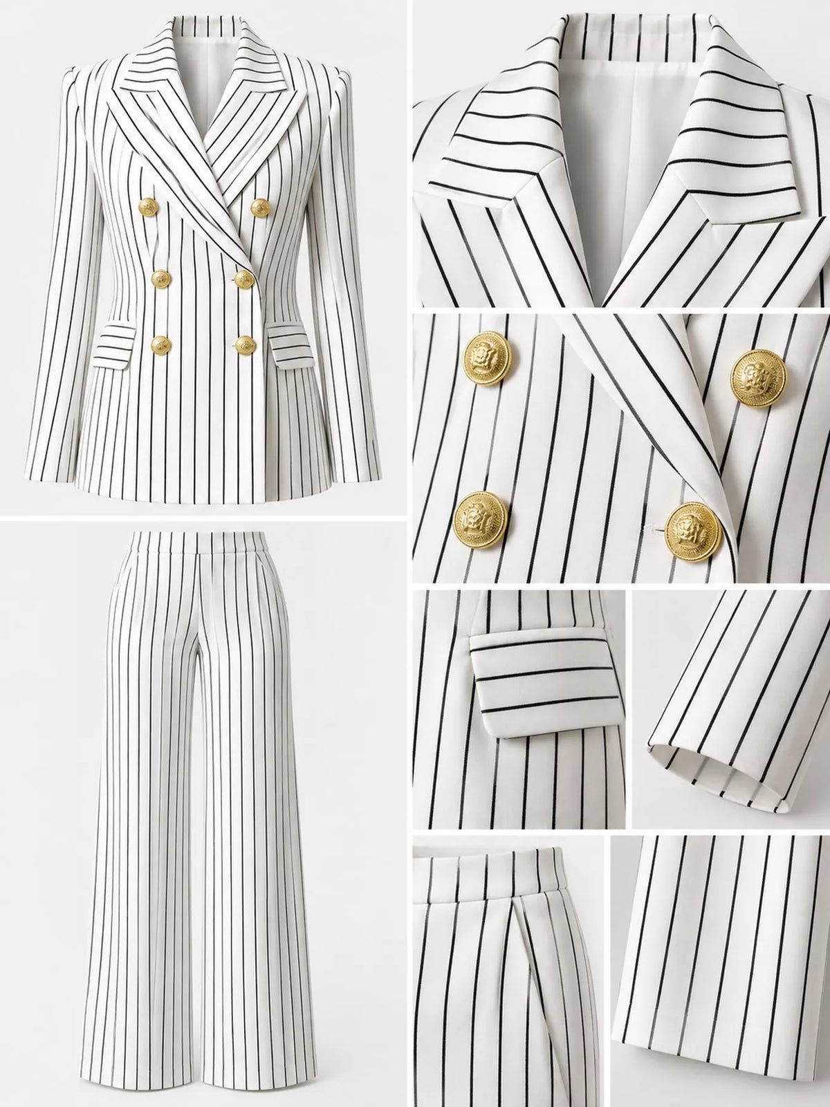 Pinstripe pantsuit, white suit details