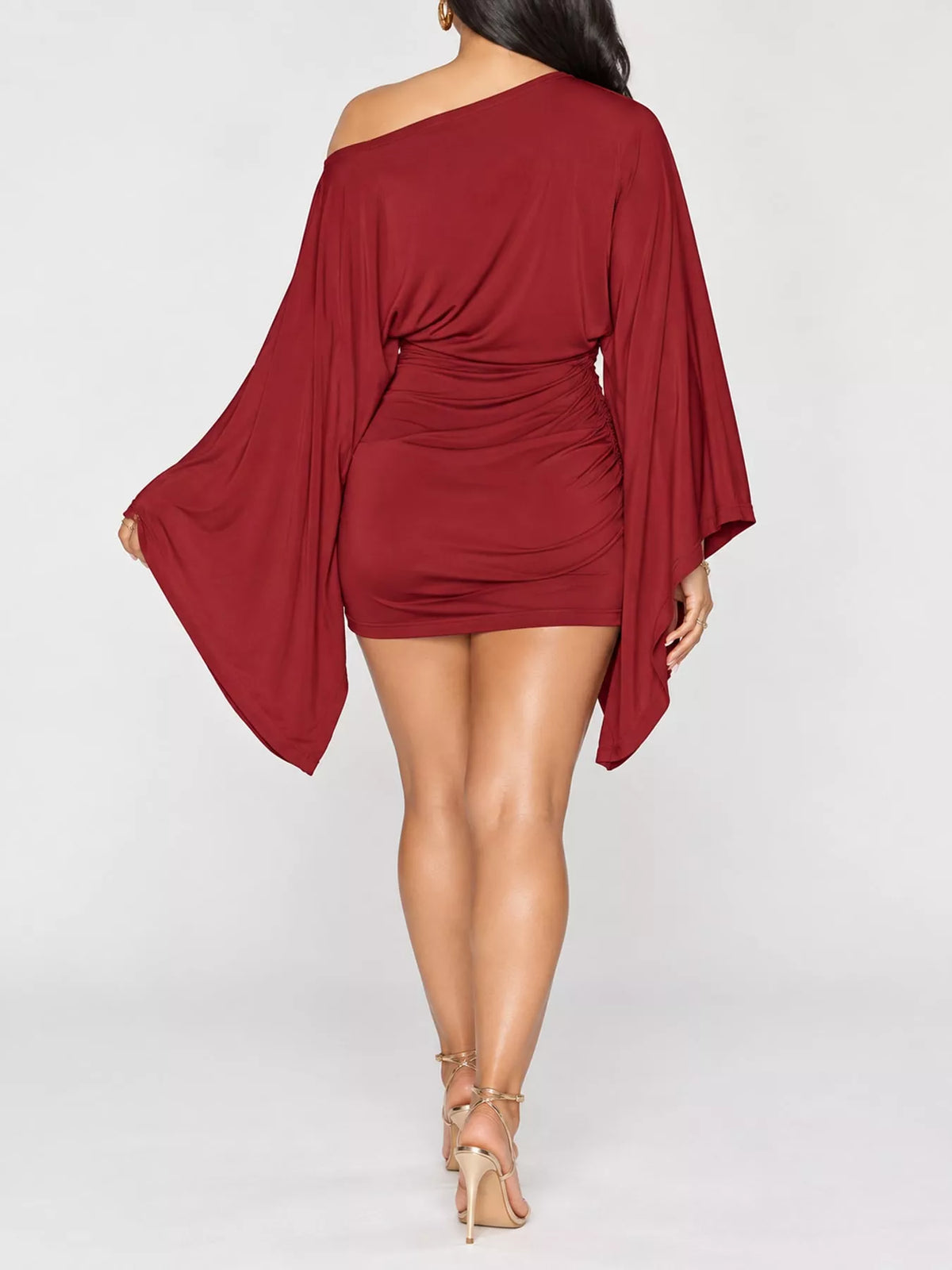 Women's One-Shoulder Draped Bodycon Mini Dress in red — back view