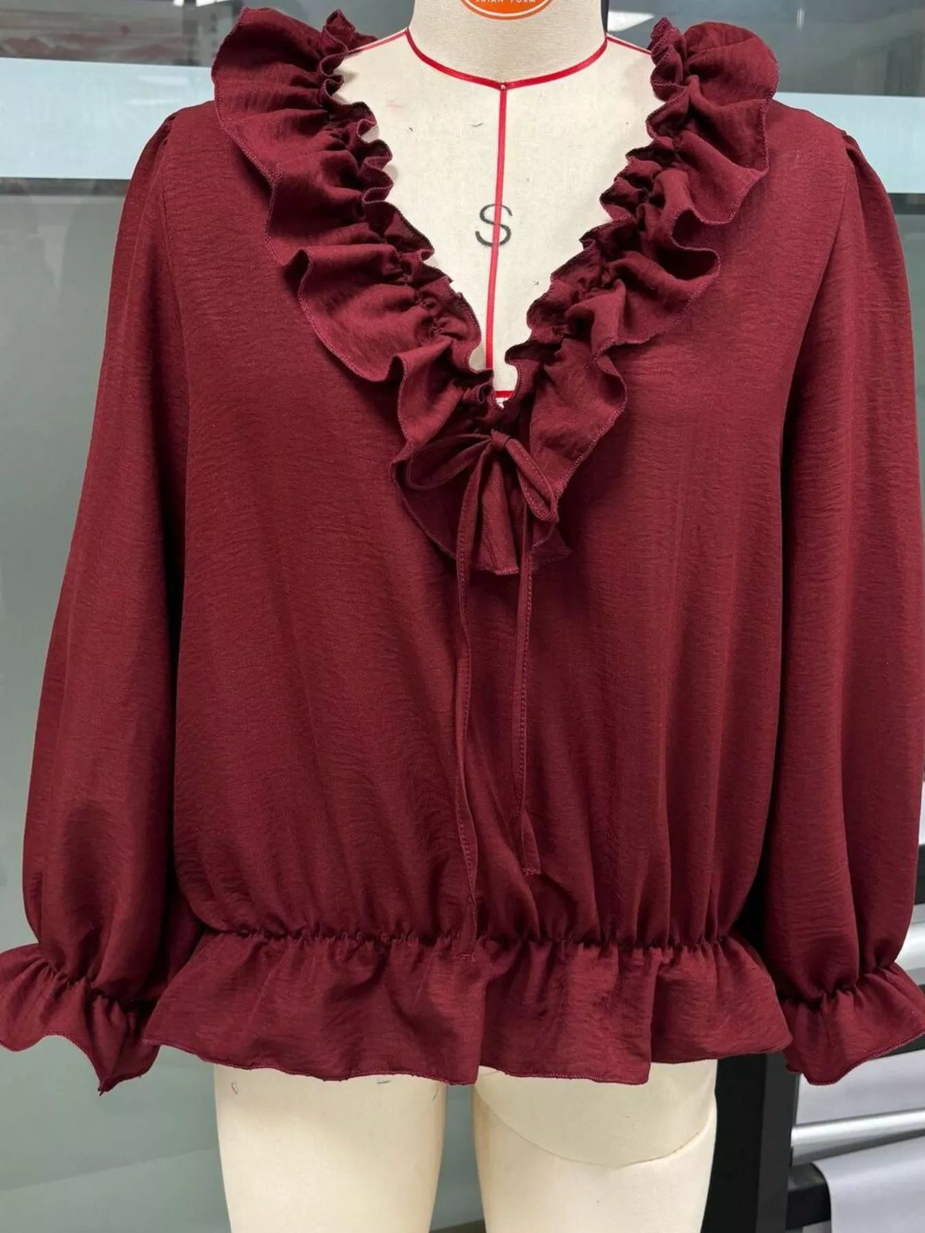 Trendsi Ruffle V-Neck Long Sleeve Blouse -